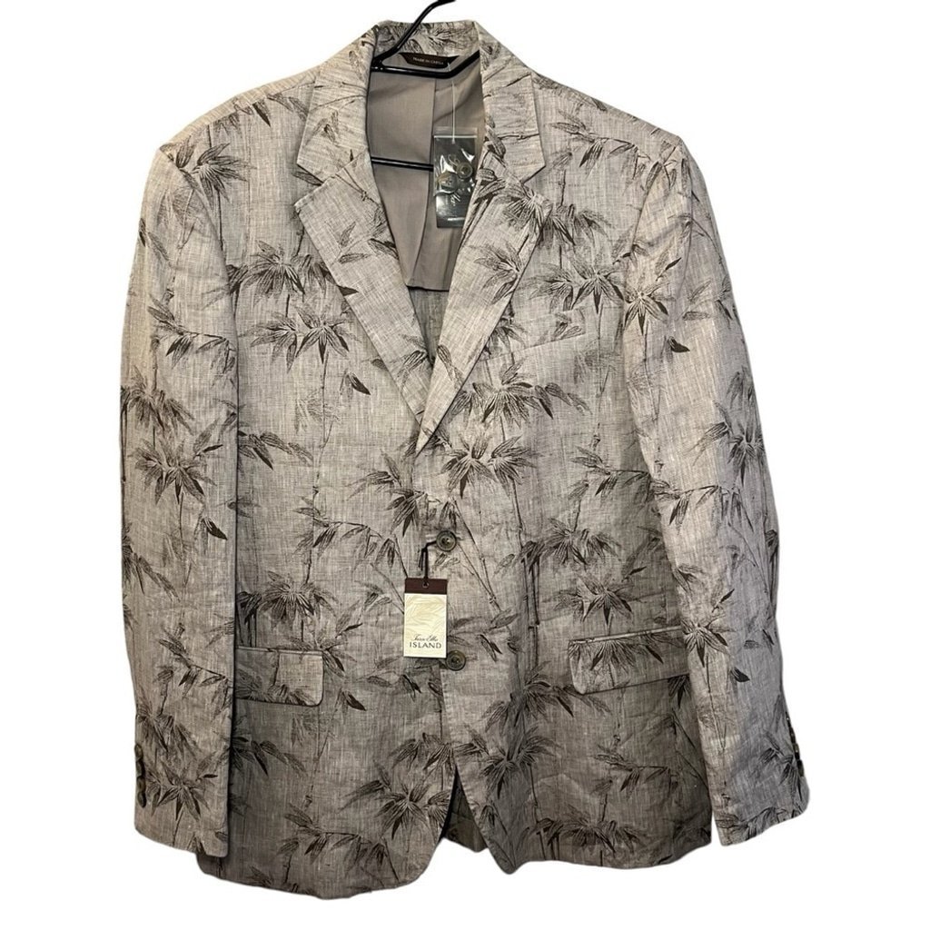 Tasso Elba Island Coat Suit Blazer Mens Large Tropical Palms Beige
