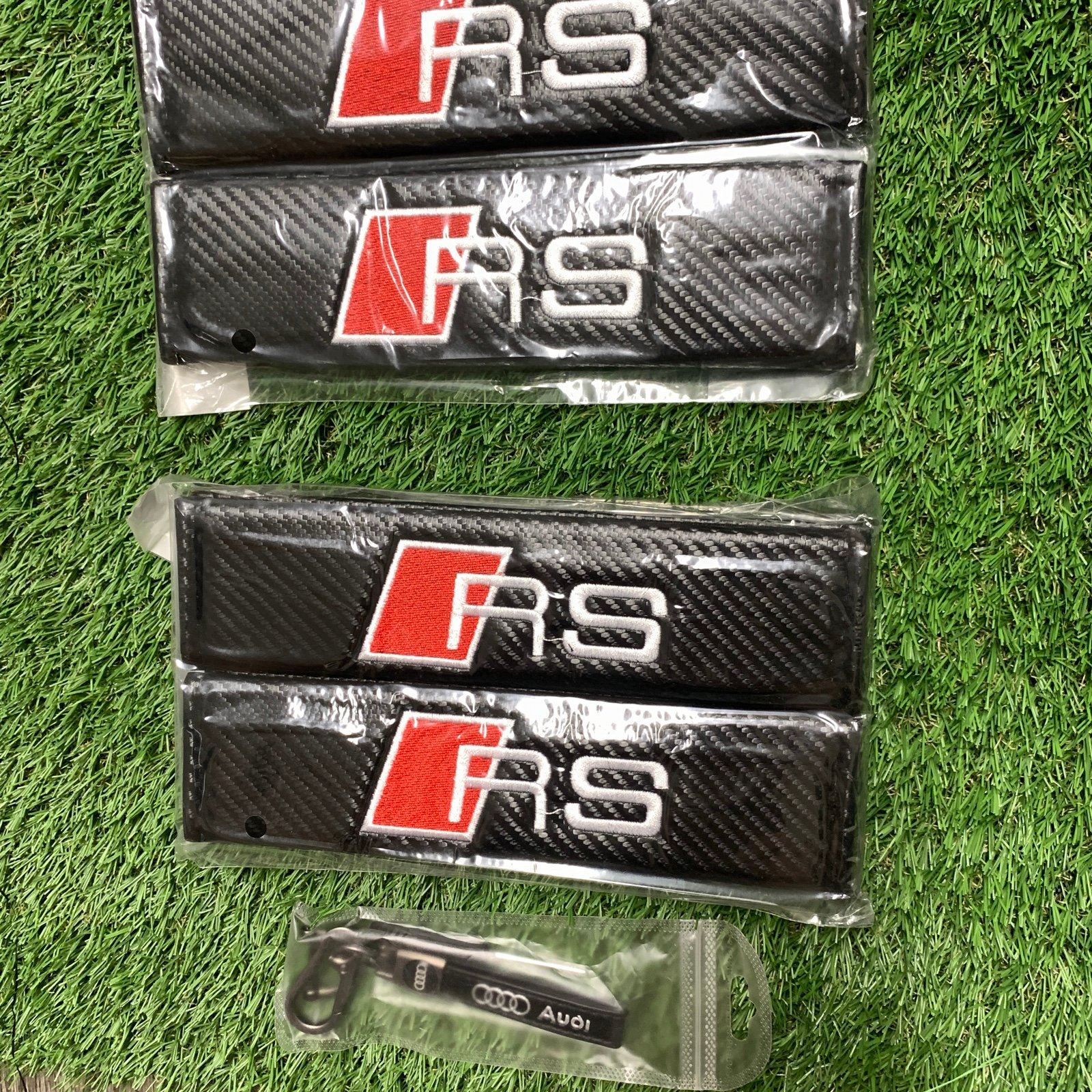 Audi RS carbon print seat belt covers 4pc with leather key chain