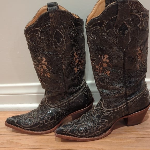 Corral Boots Vintage Women's C2108 Black Lizard Inlay Leather Snip Toe Sz 6.5
