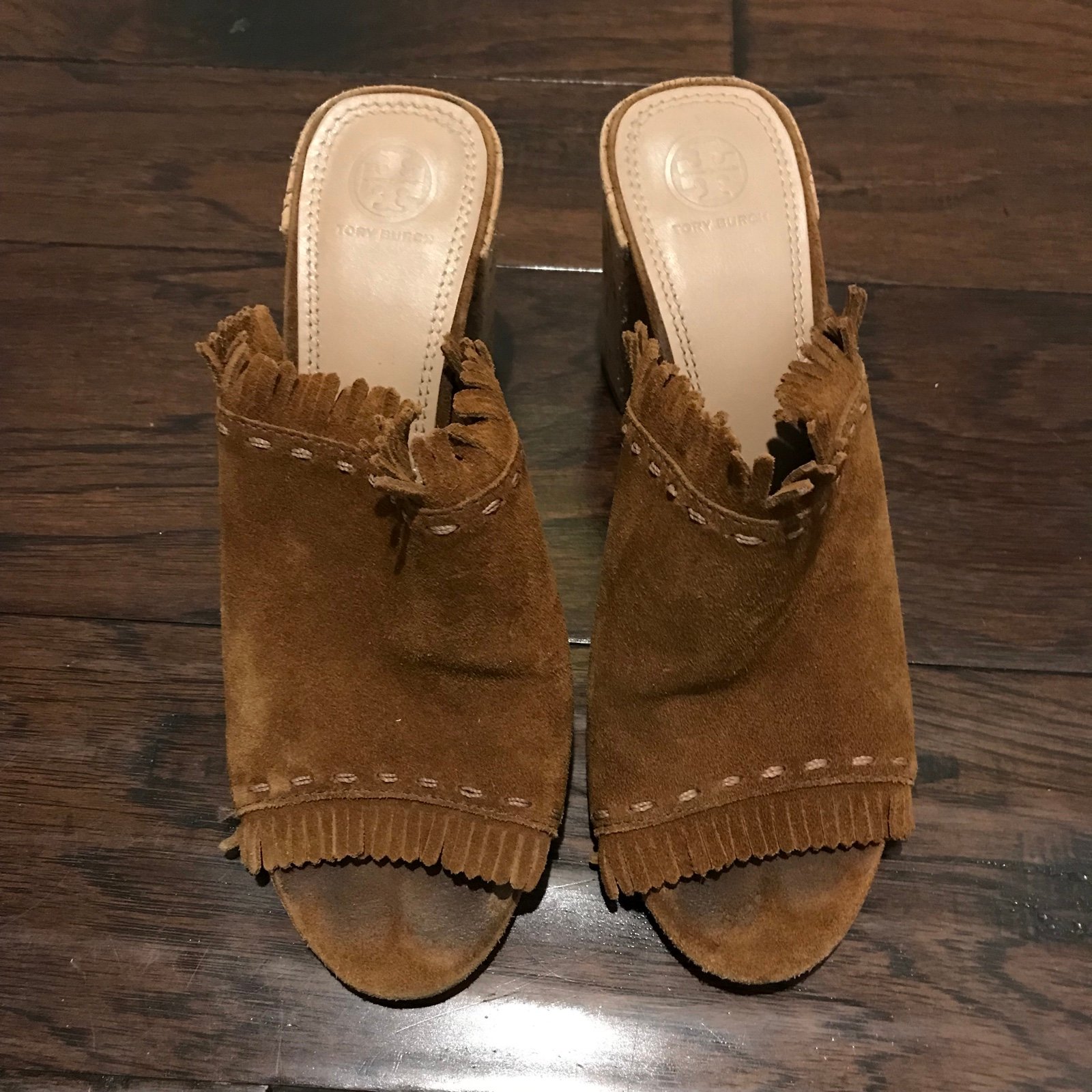 Tory Burch Huntington Mule Womens Brown Fringed Suede Cork Block Heel Slip On
