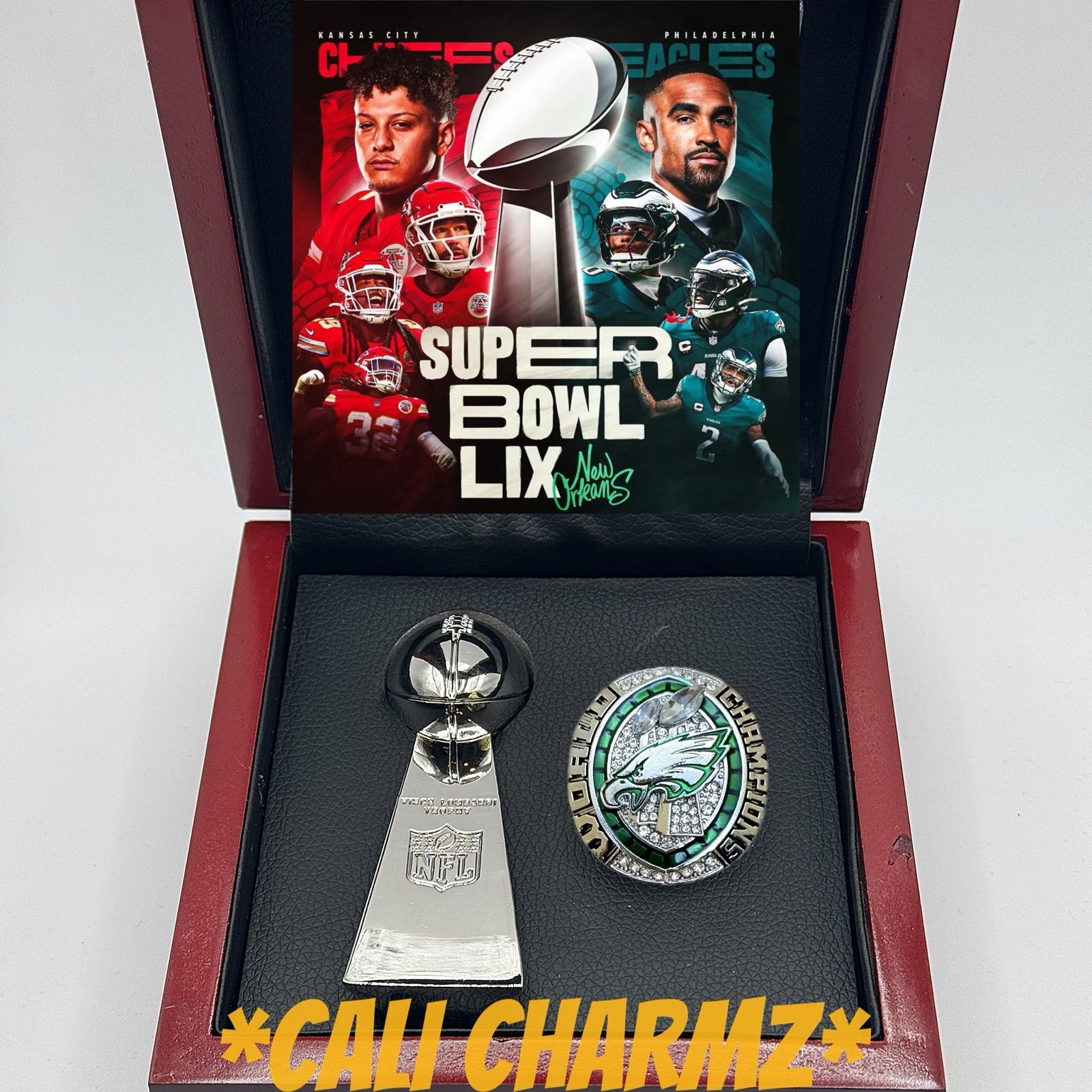 2024-2025 Philadelphia Eagles Super Bowl Championship Ring TROPHY + CASE SAQUON