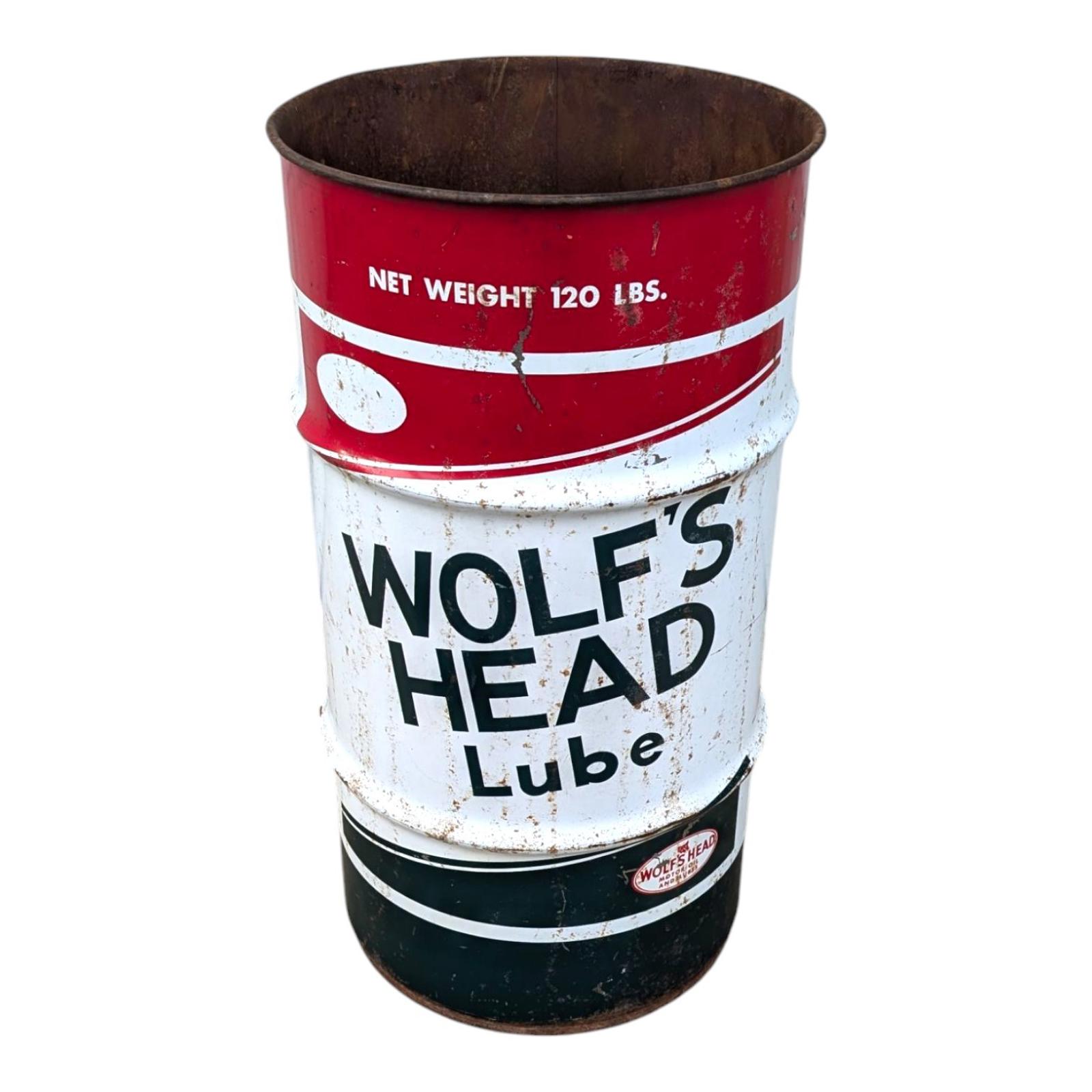 Wolf's Head Oil Barrel 120lbs Shop Trash Can Sign Advertising