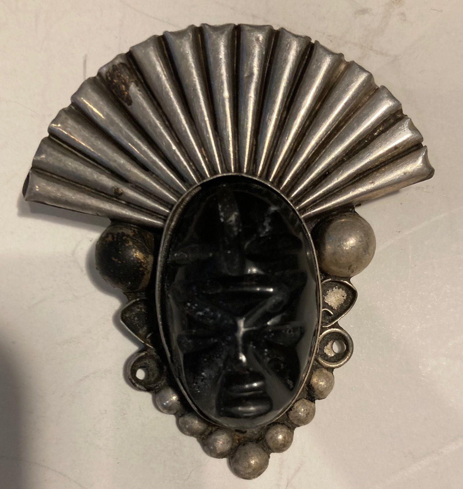 Vintage Taxco Mexico Horacio De La Parra Sterling Silver Onyx Aztec mask Brooch