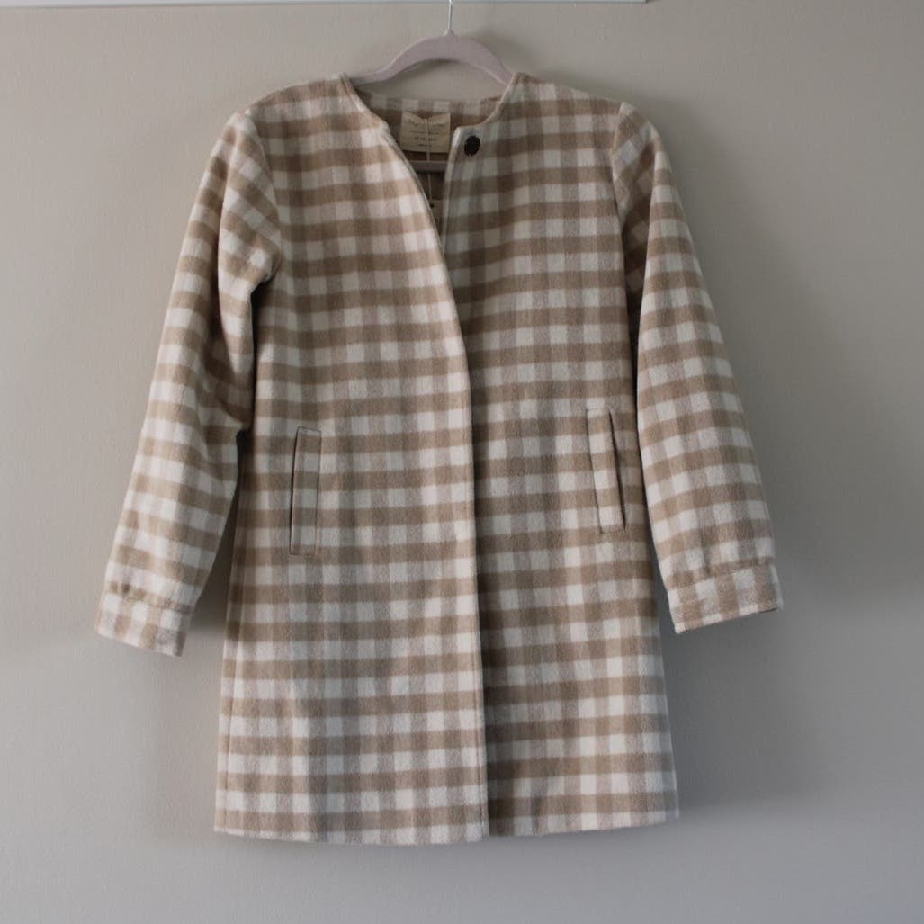 NWT Rylee and Cru Wool Blend Plaid Check No Collar Coat Oat Brown Cream 12-14Y