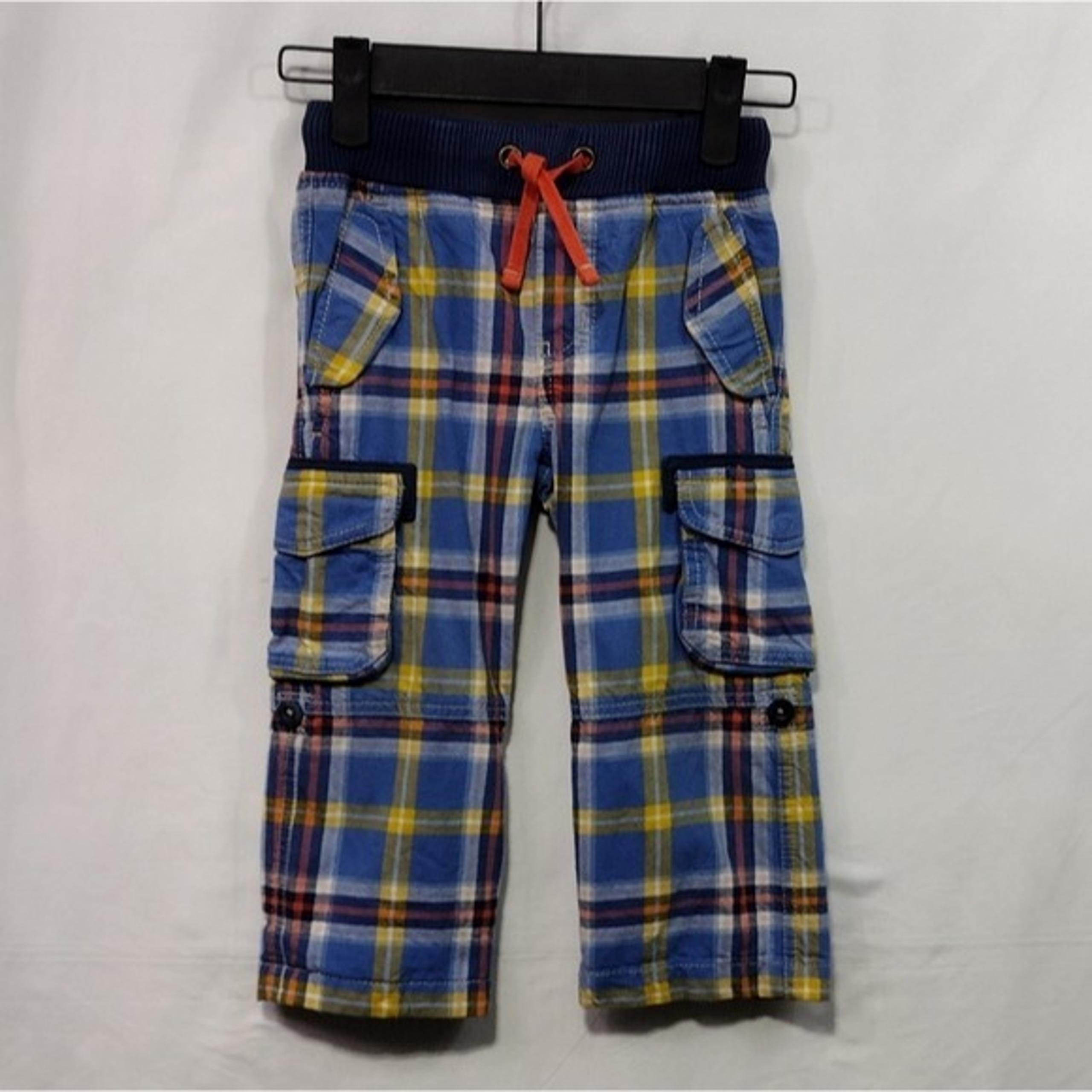 Mini Boden Plaid Cargo Pants Kids 3Y Blue Yellow  Utility Retro Boho