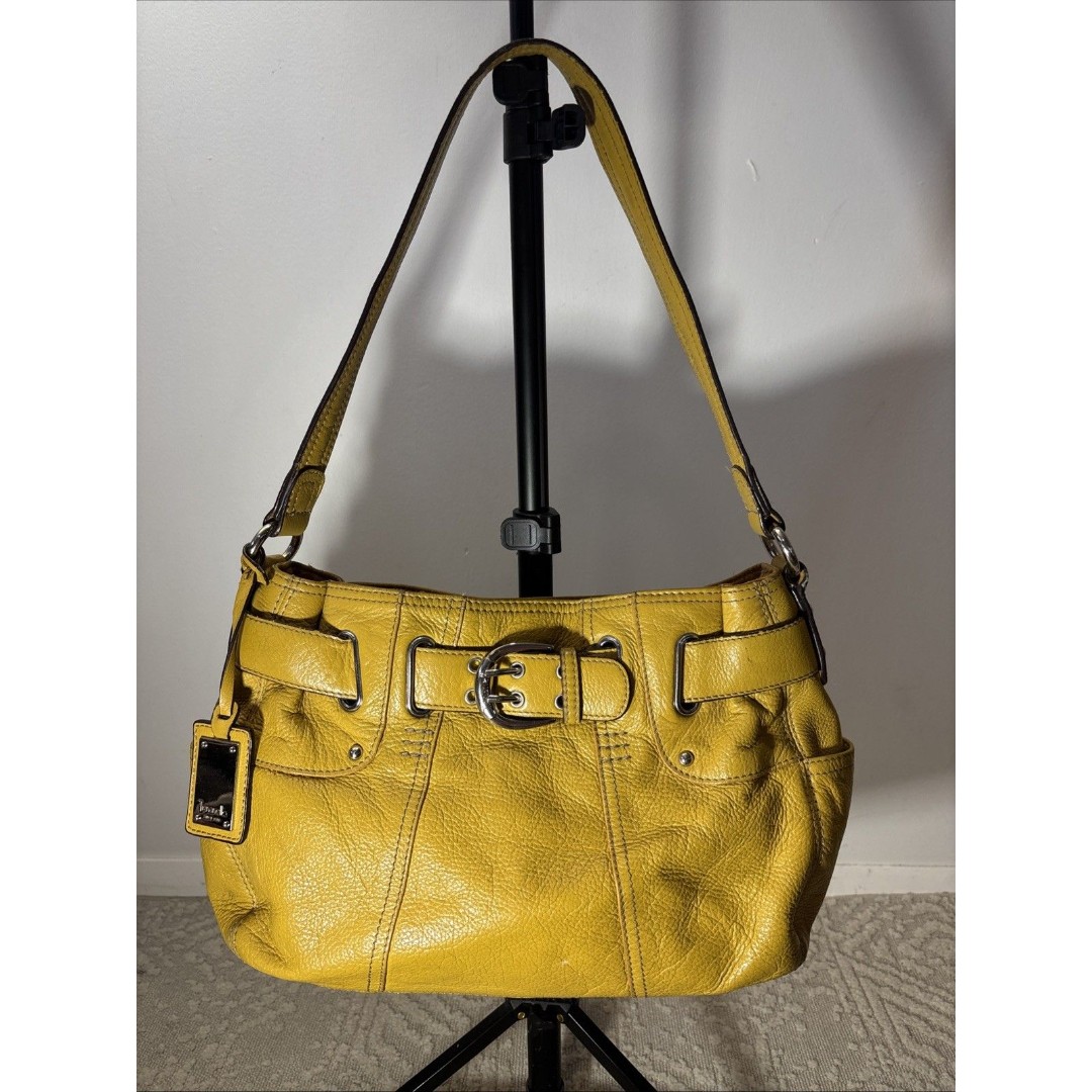 VTG TIGNANELLO TRI SECTION MUSTARD YELLOW LEATHER METAL BUCKLE TRIM SHOULDER BAG