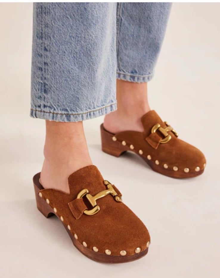 BODEN Iris Snaffle Heeled Clogs in Golden Brown Suede Size 40