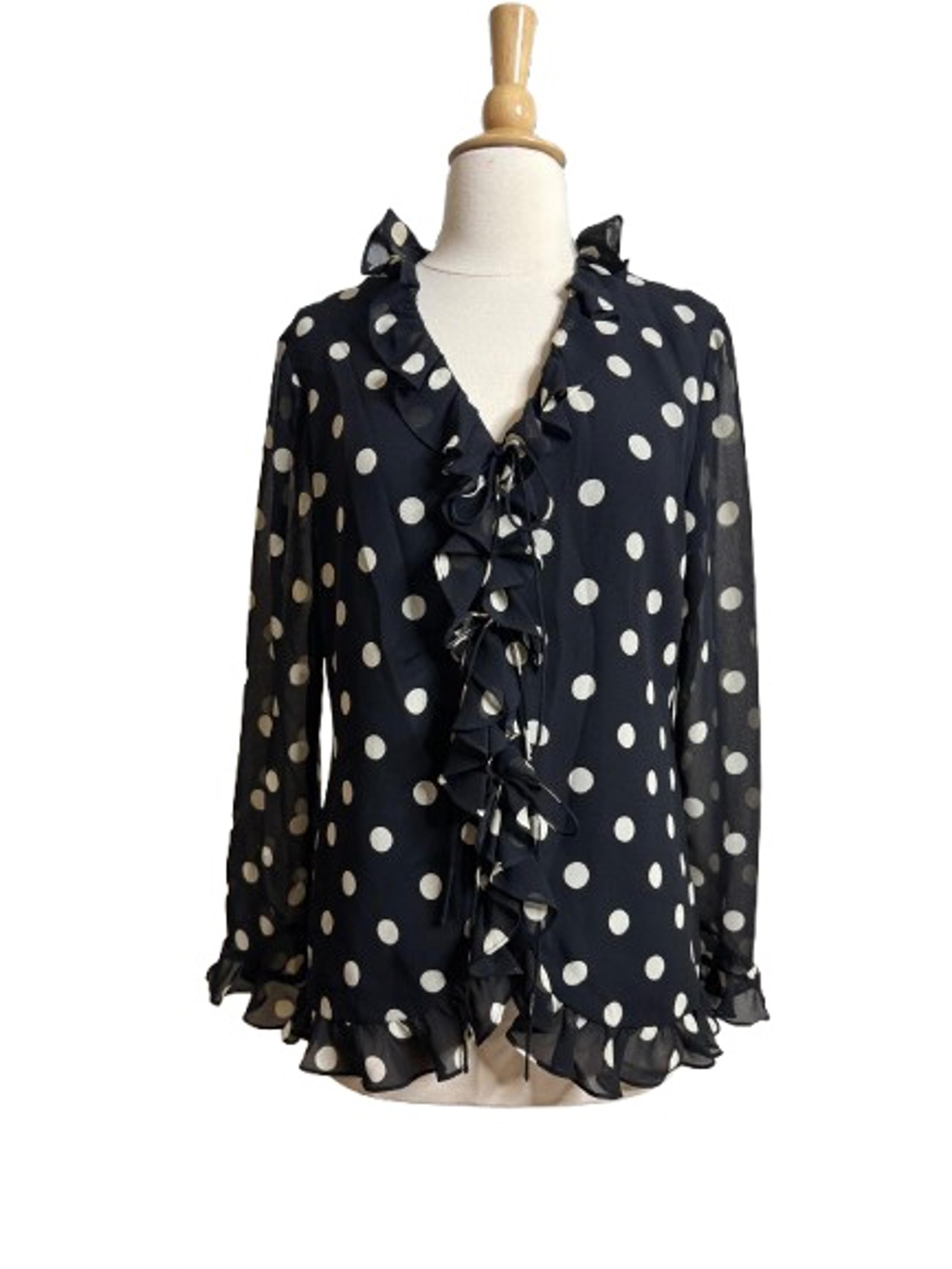 Cynthia Howie polka dot pattern with ruffle accents Blouse