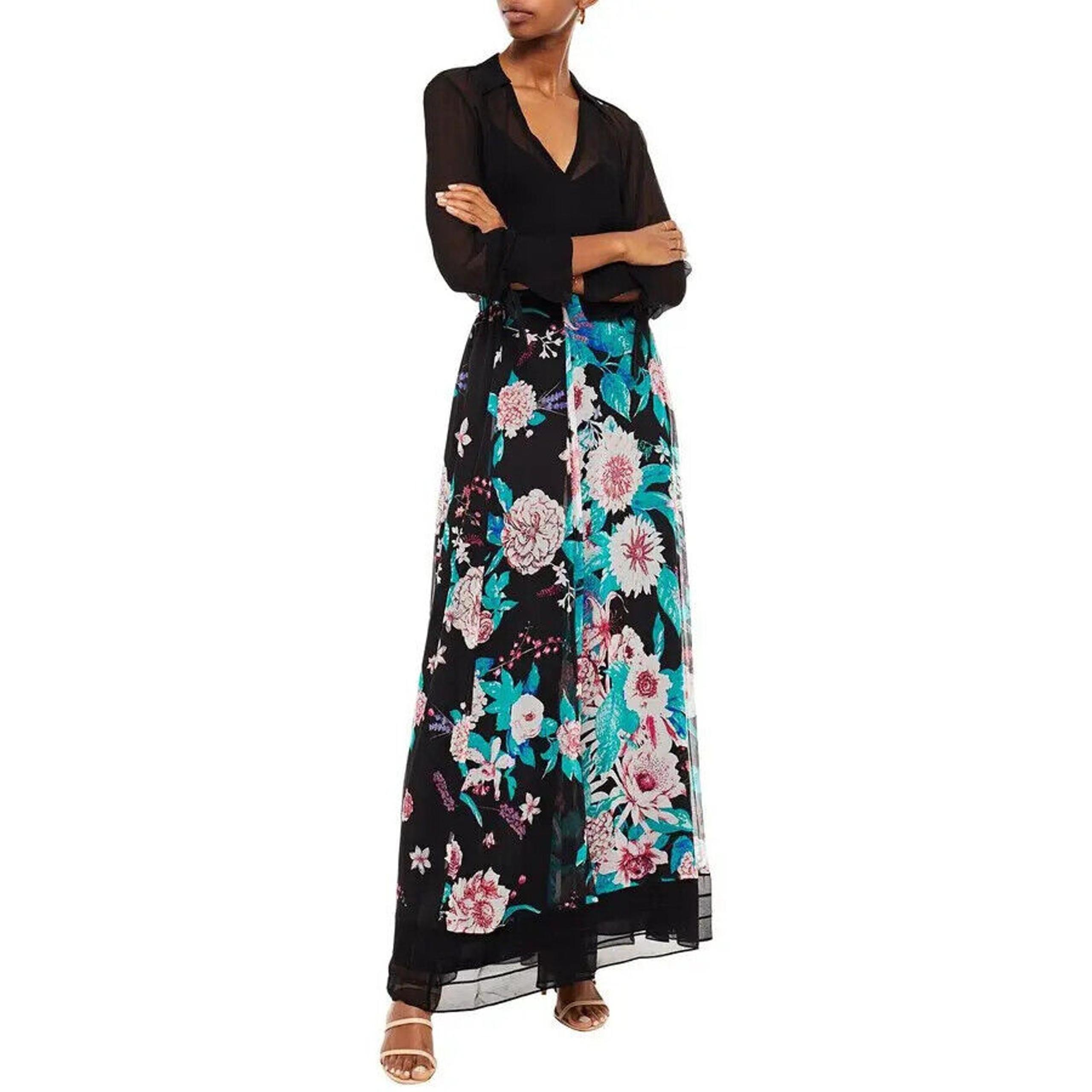 Diane Von Furstenberg Heka Floral Print Silk Chiffon Maxi Skirt DVF Size Medium