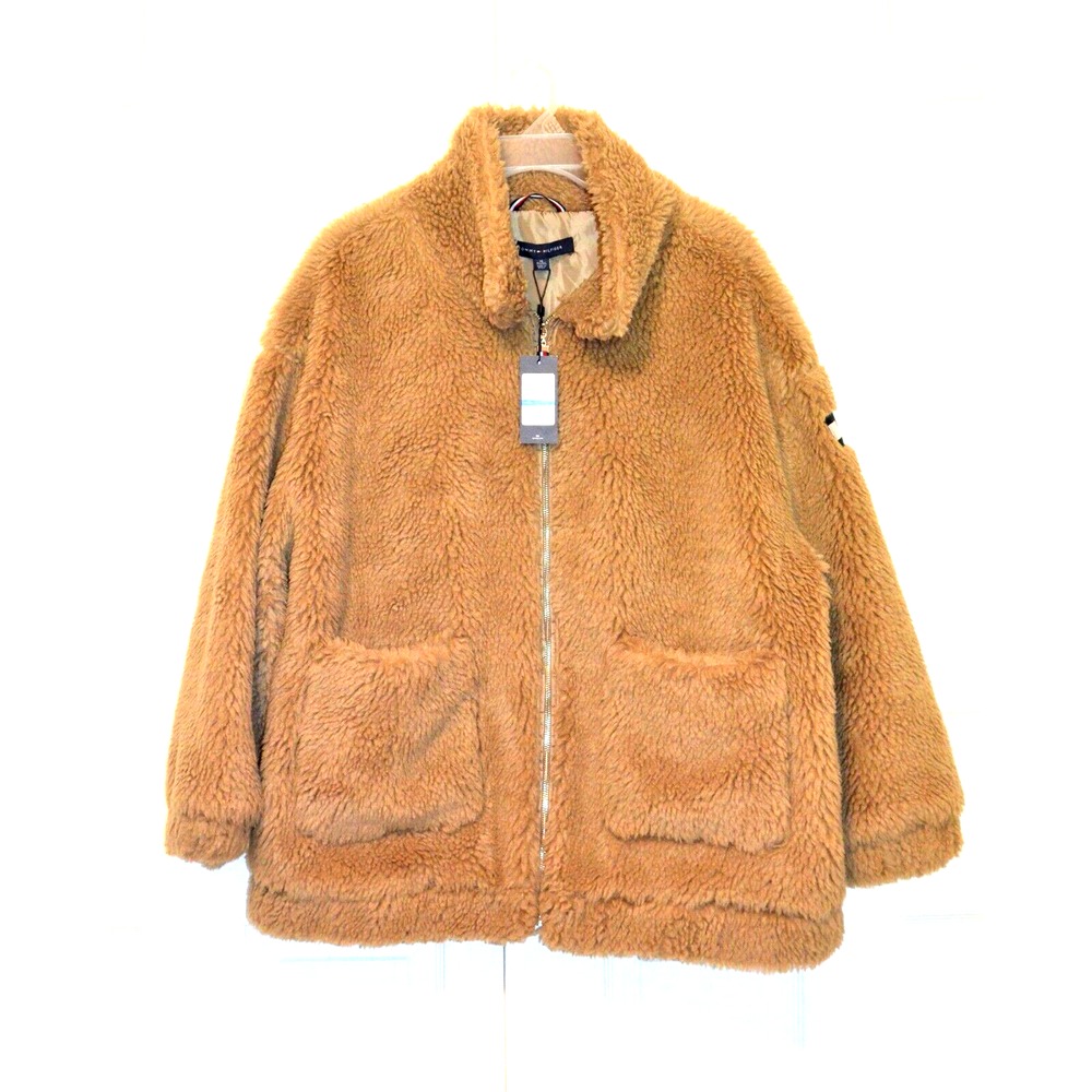 Tommy Hilfiger Faux Fur Sherpa Jacket Women's Size XL Camel Brown Long Sleeve