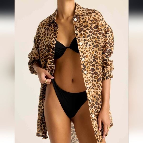 991 NWT Vitamin A Playa Linen Boyfriend Shirt - Lux Leopard EcoLinen Sz XS