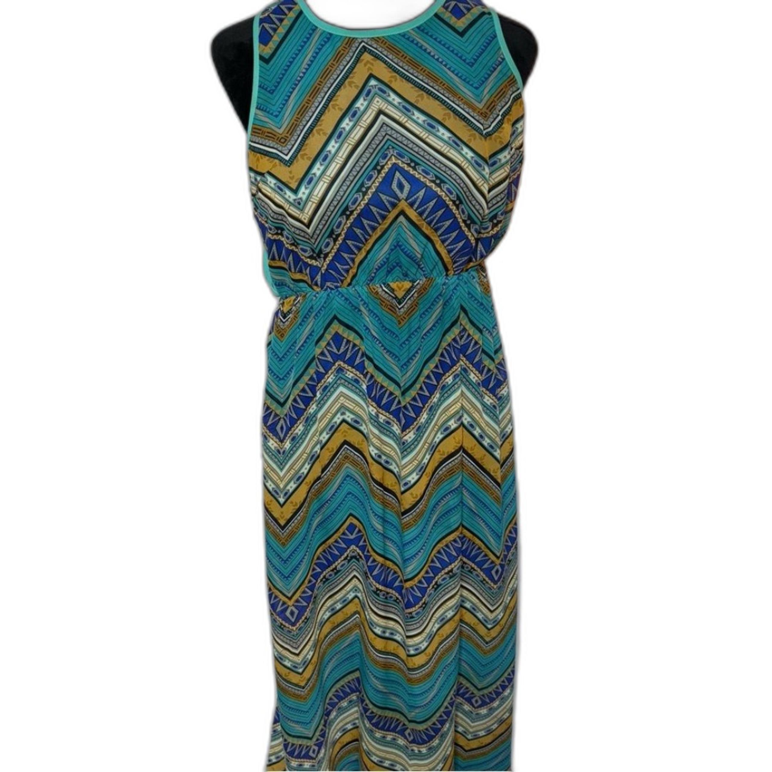 YA Los Angeles Strappy Criss- Cross Back Teal Multicolor Long Maxi Dress Sz L