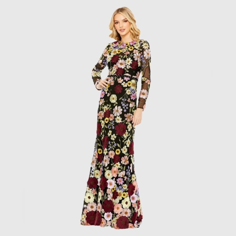 Size 18 MAC DUGGAL 68201 Embroidered Applique High Neck Long Sleeve Trumpet Gown