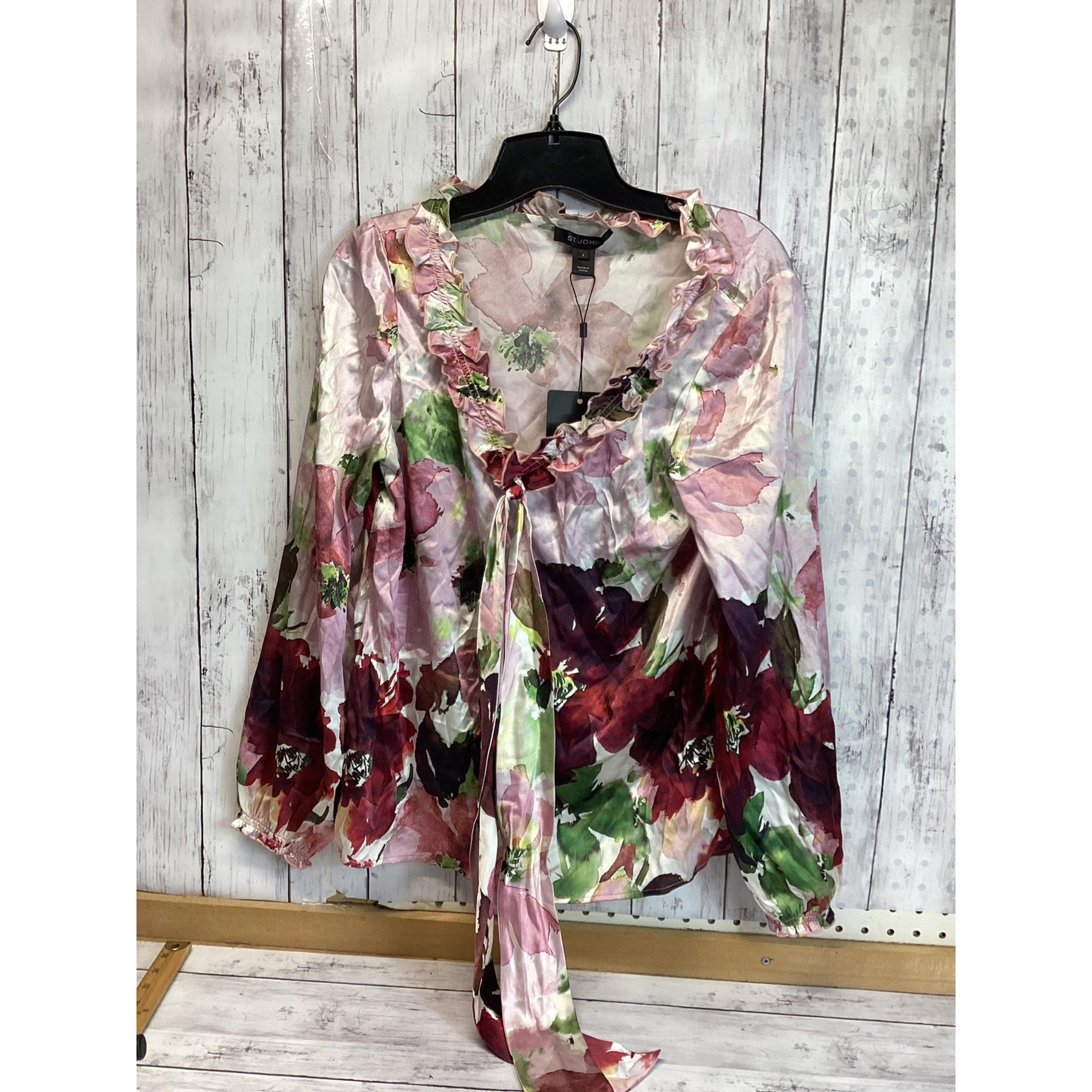 St. John Long Sleeve Floral Ruffled Polyester Button Down Blouse Small NWT