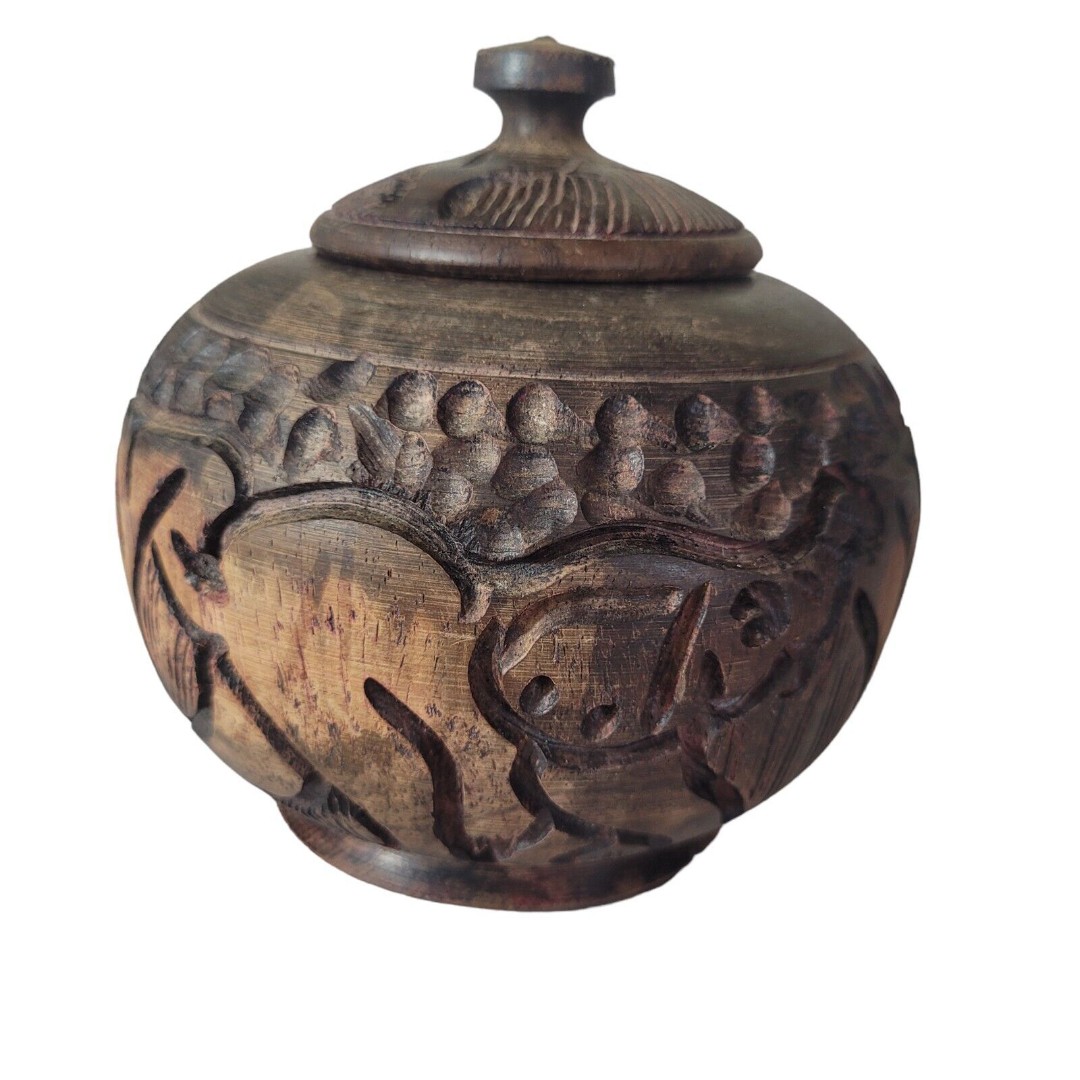 African Wooden Carved Ebony Wood Trinket Dish Vase Urn Rhino Hippo Safari