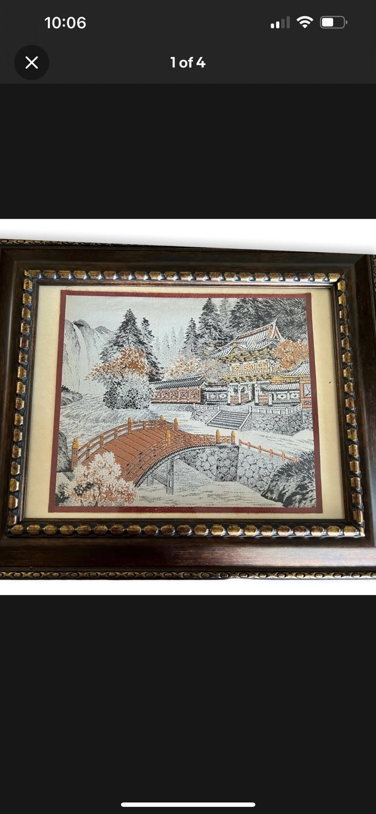 VTG Japanese silk shimmering embroidery framed art of pagoda, bridge, water