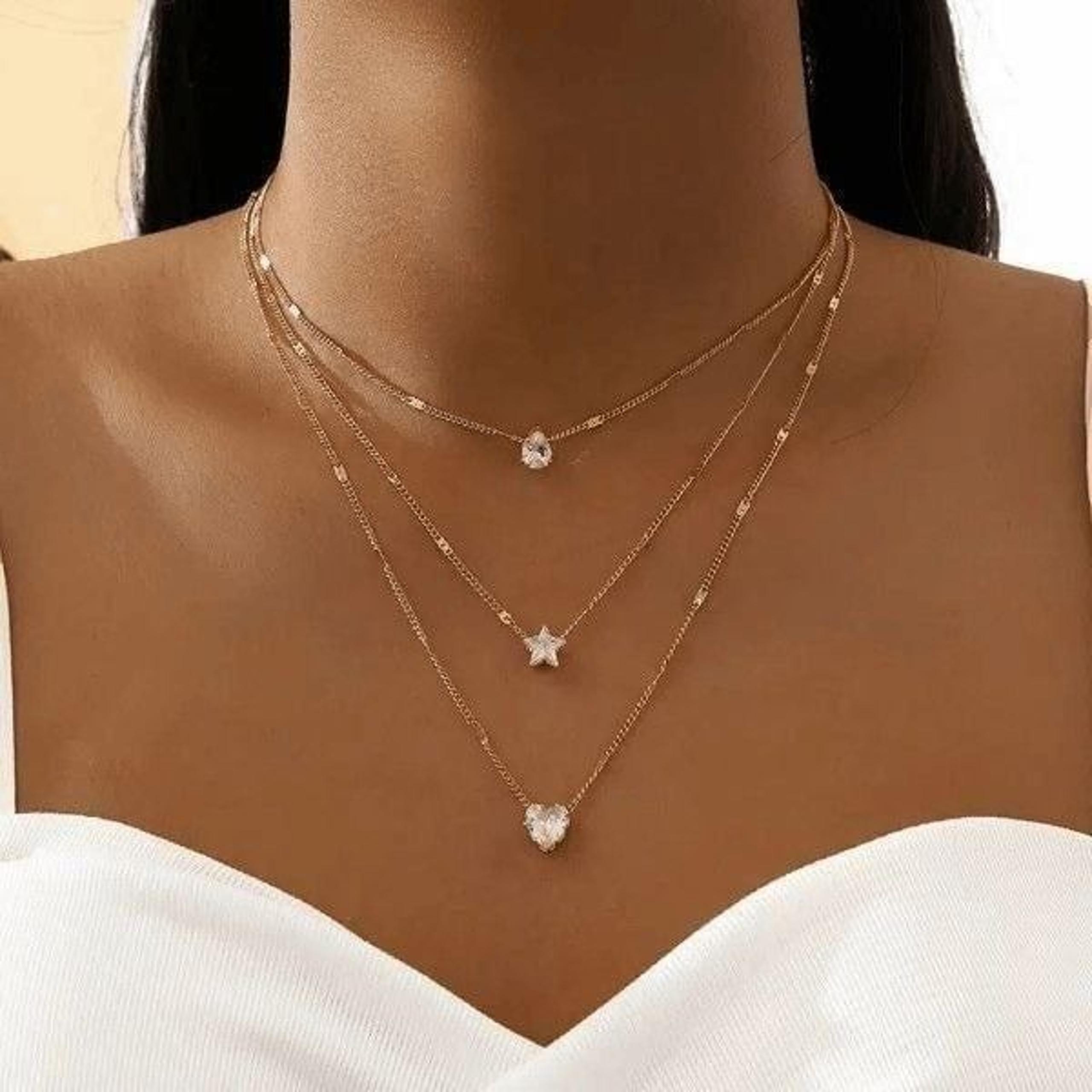 DIAMOND MULTILAYERED STAR HEART WATRDROP NECKLACE