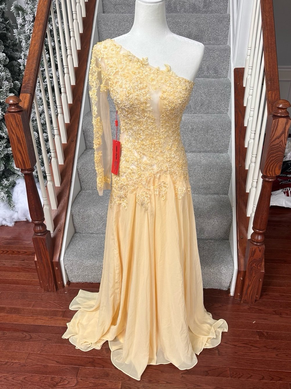 Handmade One Sleeve See Through Panel Yellow Floral Gown Dress NWT Womens S