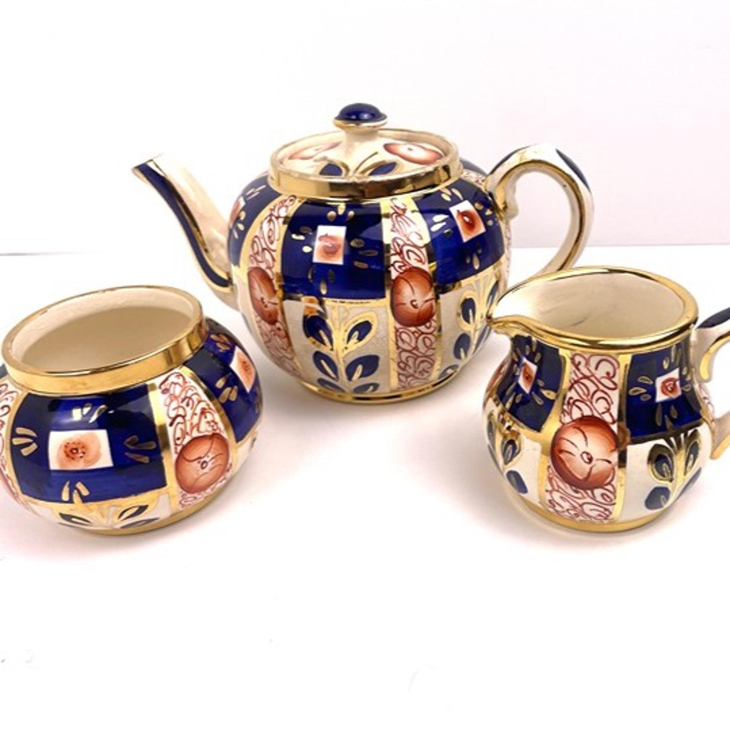Antique Sudlow’s Burslem England Imari Tea Set -Teapot Creamer Sugar -READ