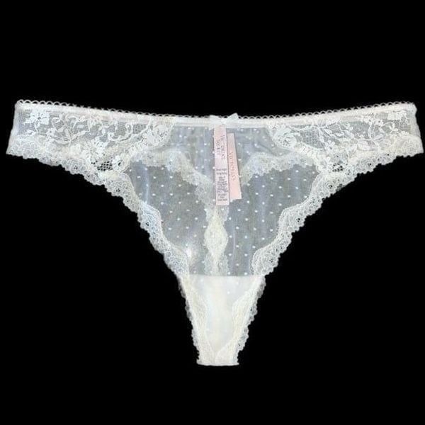 Victorias Secret Dream Angels Supersoft Mesh dot Lace trim Thong Panty white Xl