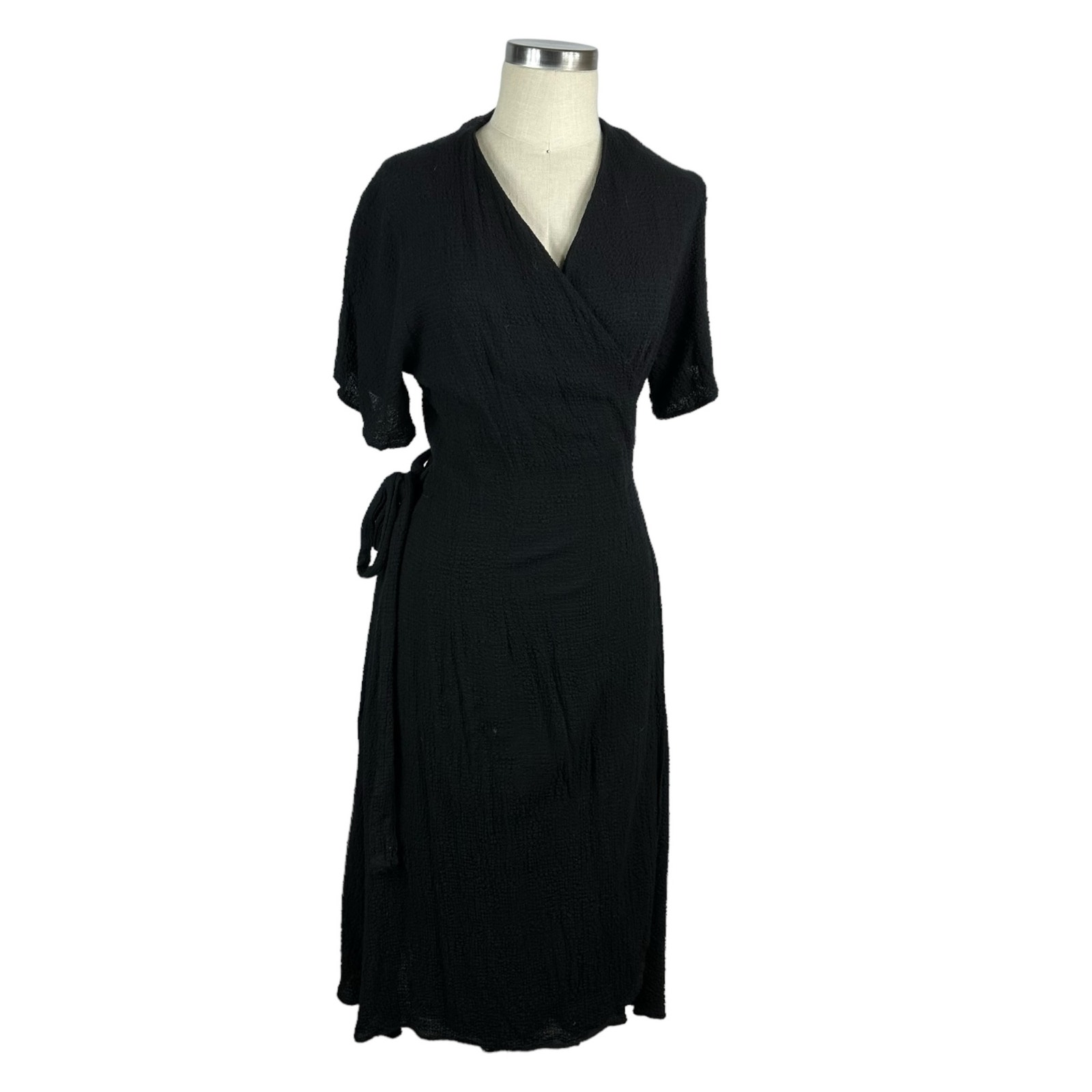 NORTH OF WEST Linen Waffle Wrap Dress Black Women's Size Medium LBD True Wrap