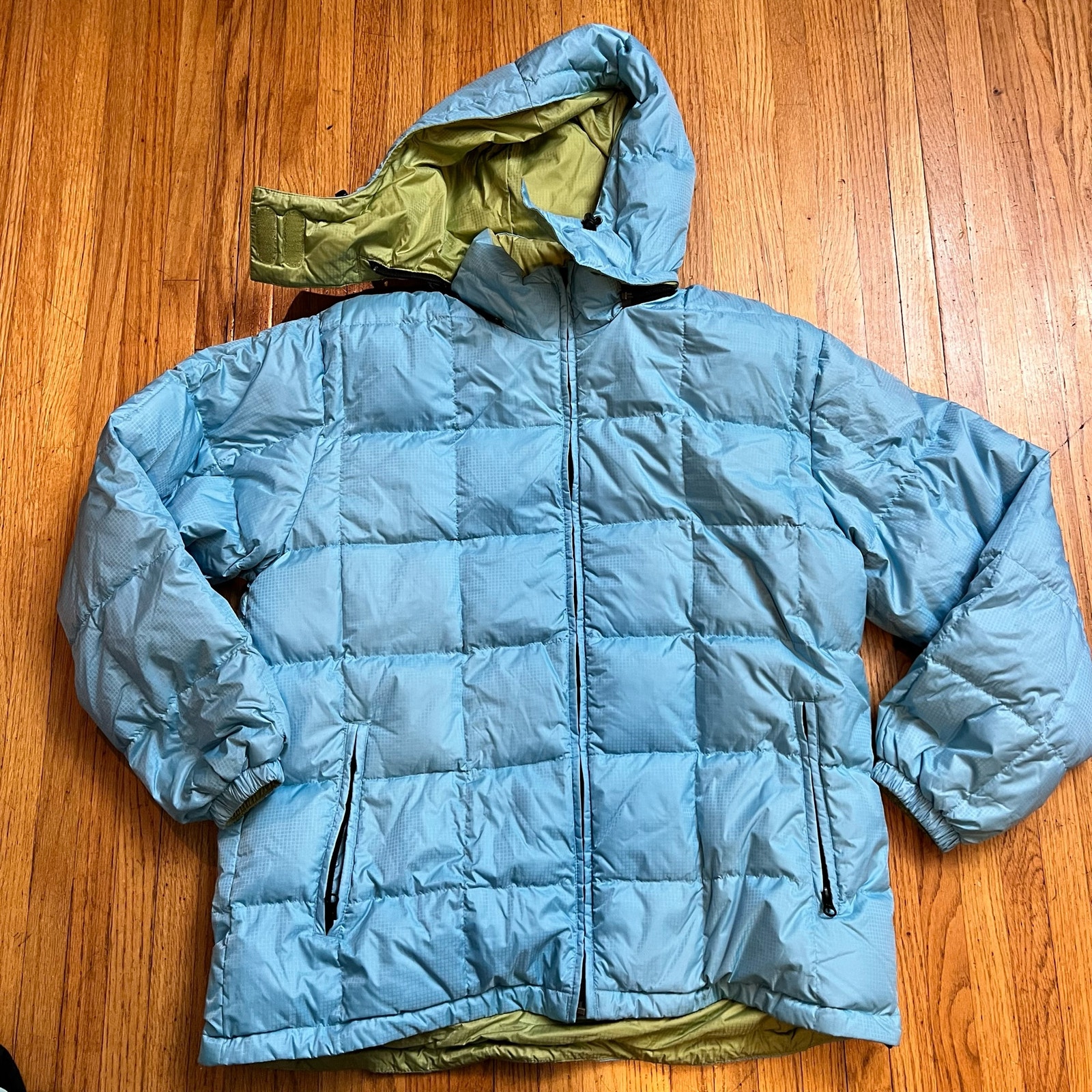 Lands End Coat Youth Large Down Jacket Reversible Hooded Blue Green