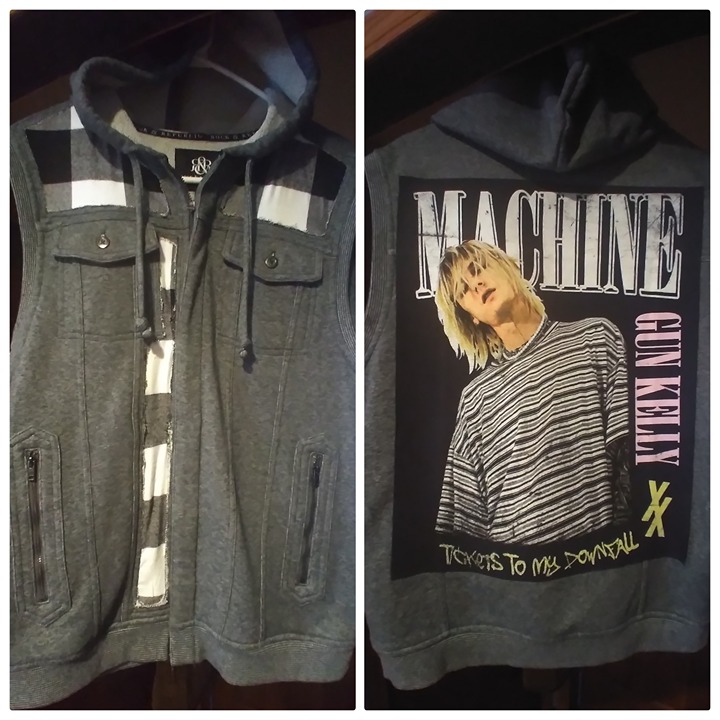 FINAL MARKDOWN PRICE! upcycled hooded vest w/ MACHINE GUN KELLY back patch