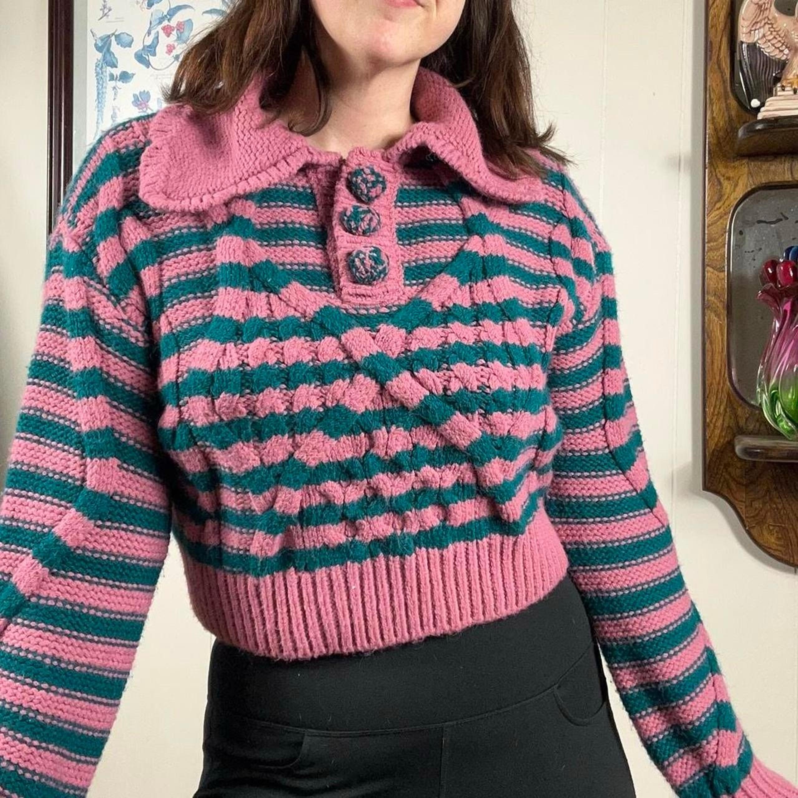 Zara Womens Medium Funky Striped Textured Button Collar Pink Green Sweater