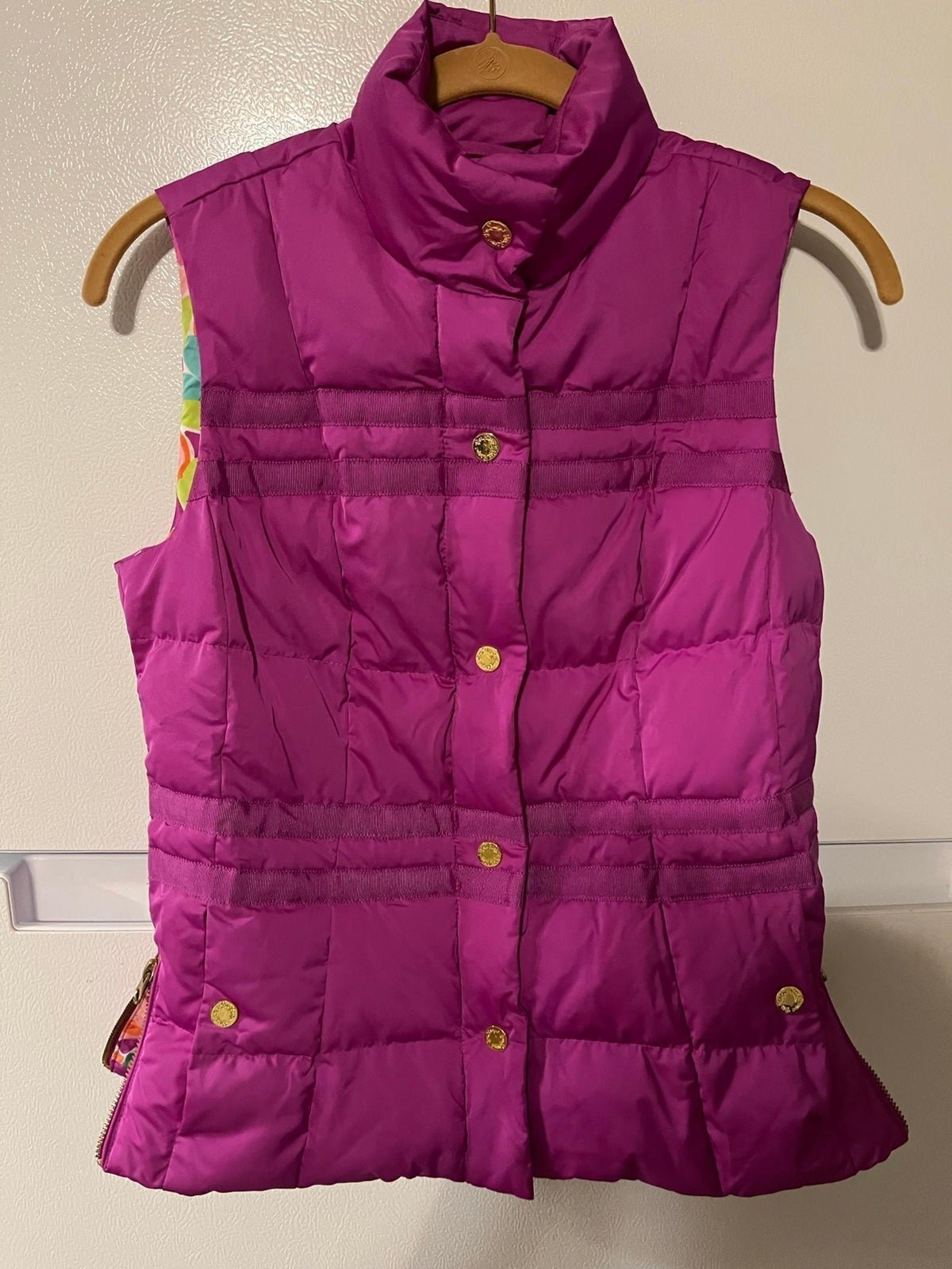 Lilly Pulitzer Womens Purple Sleeveless Flamingo Lining Kate Puffer Vest Size XS