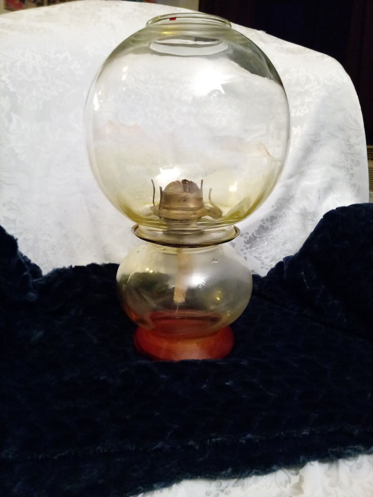 Oil lamp with hand blown glass bowl top