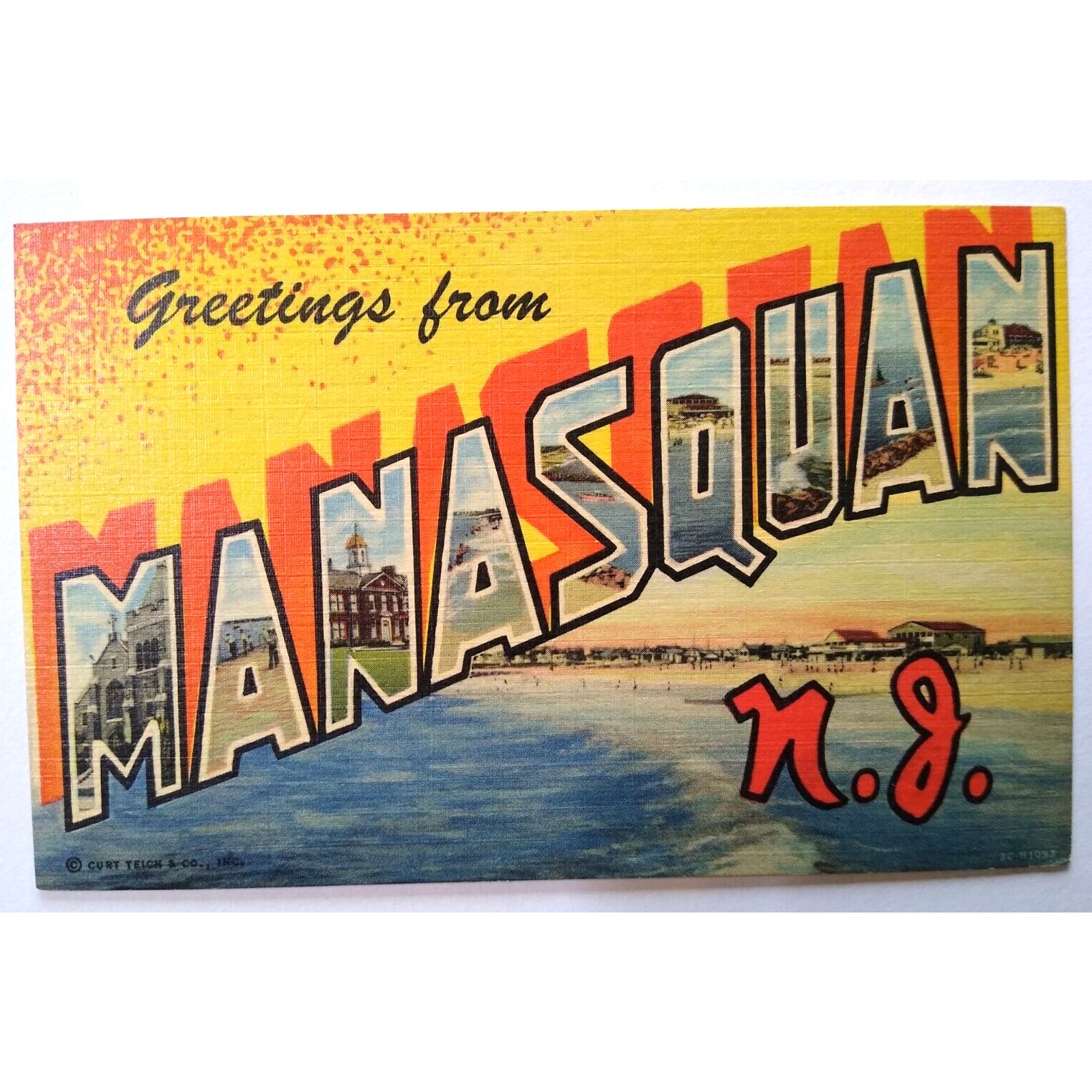 Greetings From Manasquan New Jersey Large Letter Postcard Linen Curt Teich NJ