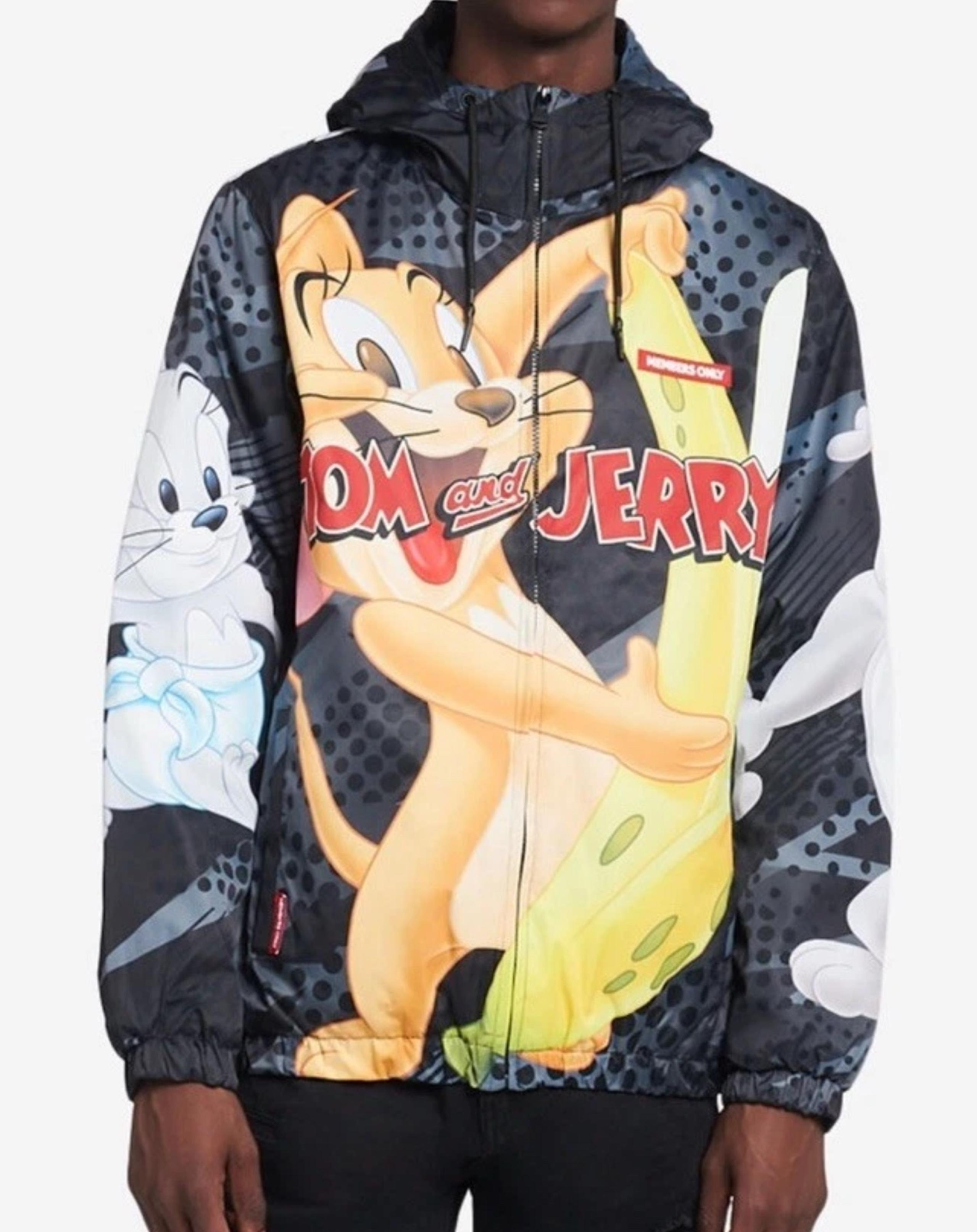 Members Only TOM AND JERRY Hoodie Windbreaker Men’s Jacket Black MULTI Sz M NWT