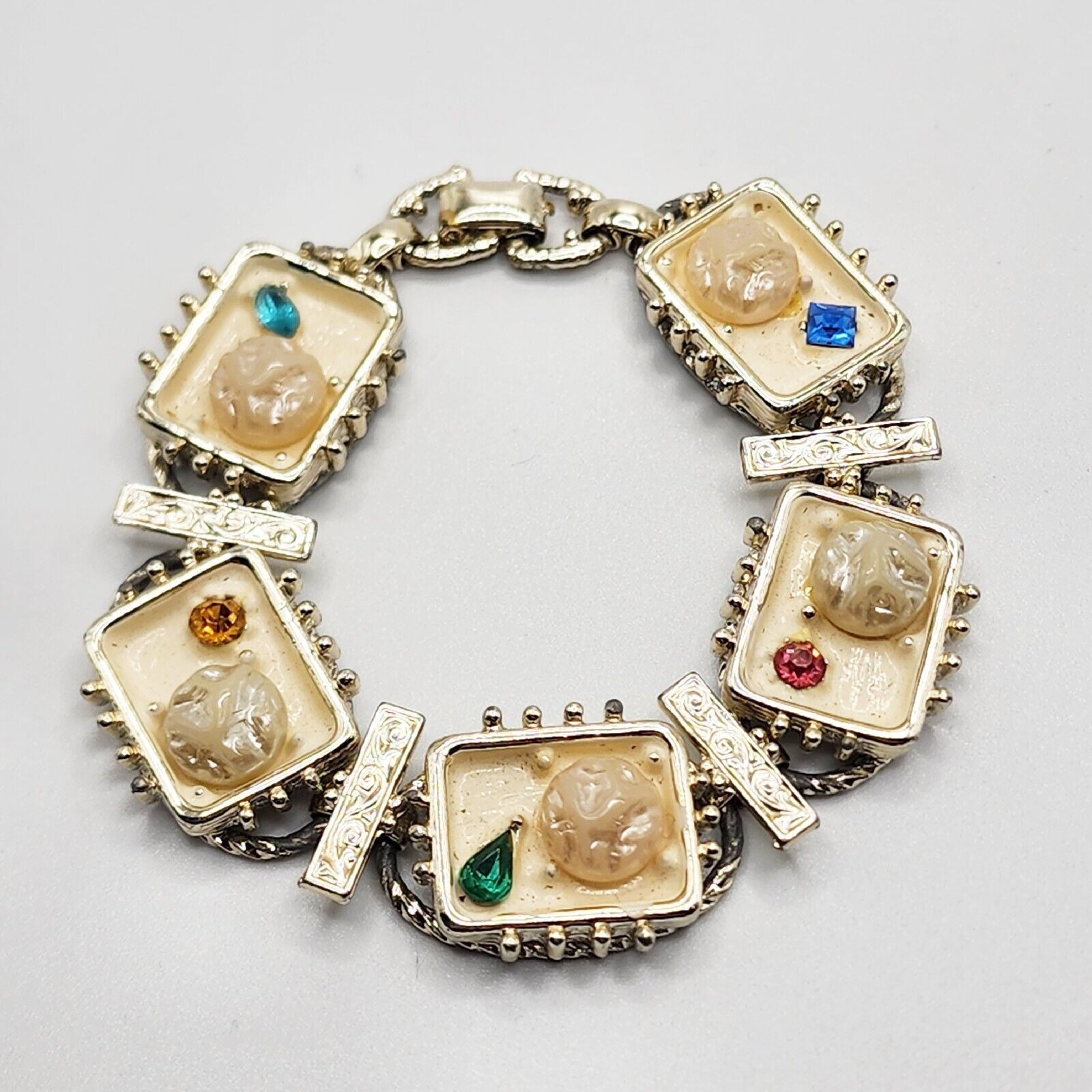 Vintage 1960s Era White Enamel Faux Pearl Link Rhinestone Chunky Bracelet 7