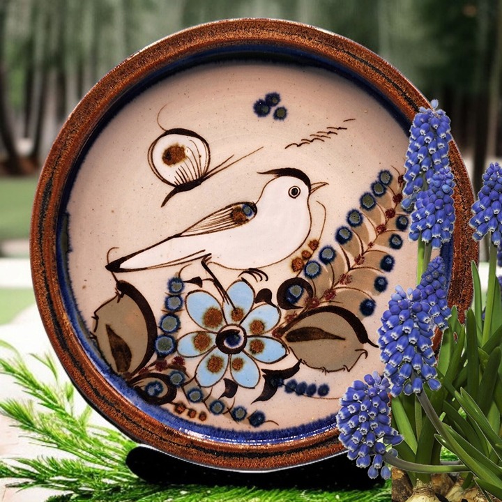 Ken Edwards Stoneware Pottery Trivet Plate Bird Butterfly Floral Pattern Tonala