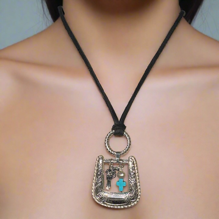 Upcycled Vintage Belt Buckle Pendant W/ Turquoise Western Style Leather Necklace