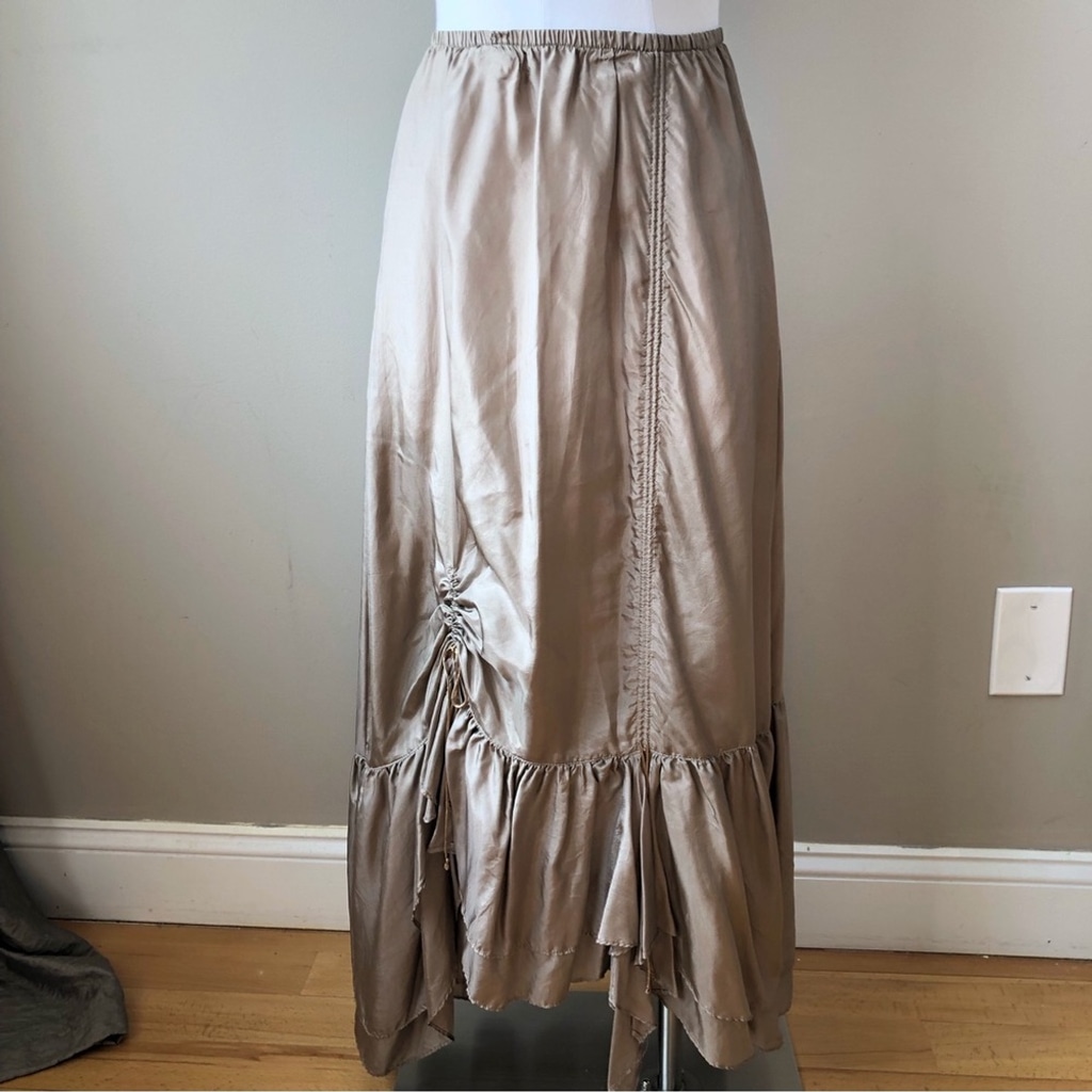 gigi taupe 100% silk ruffled ruched tiered maxi skirt S