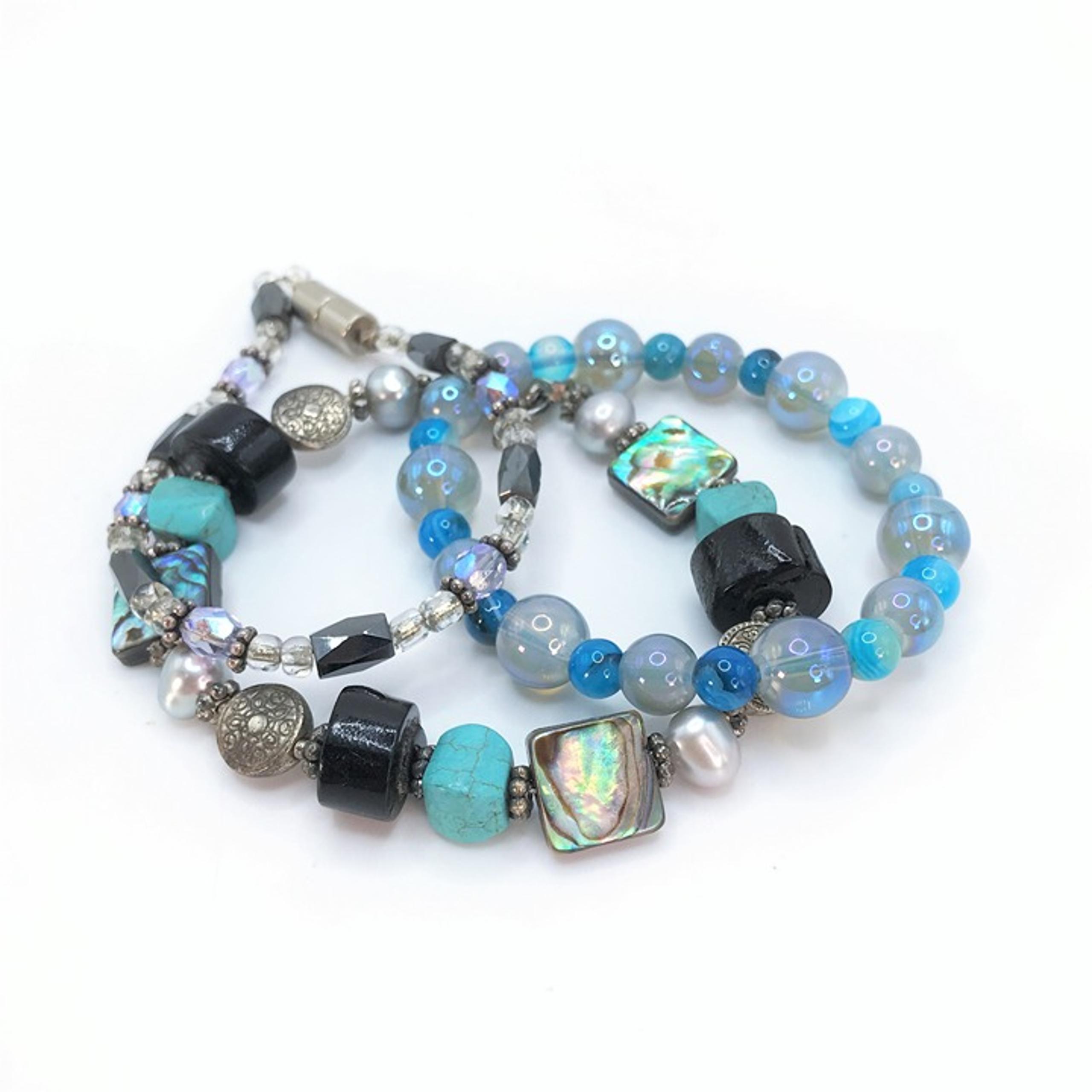 3 Bracelet Set Lot Blue Glass Pearl MOP Howlite Agate Hematite Artisan Handmade