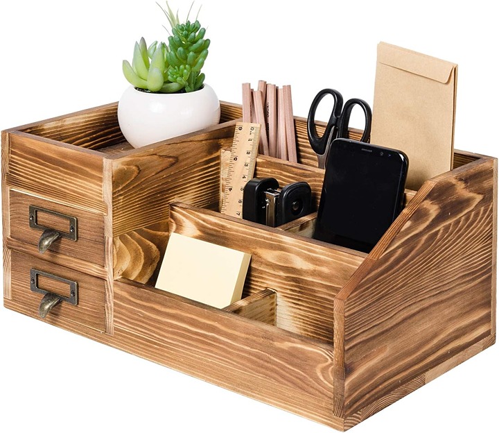 Rustic Wooden Desktop Organizer Office Supplies Brown Tabletop Storage Organizer