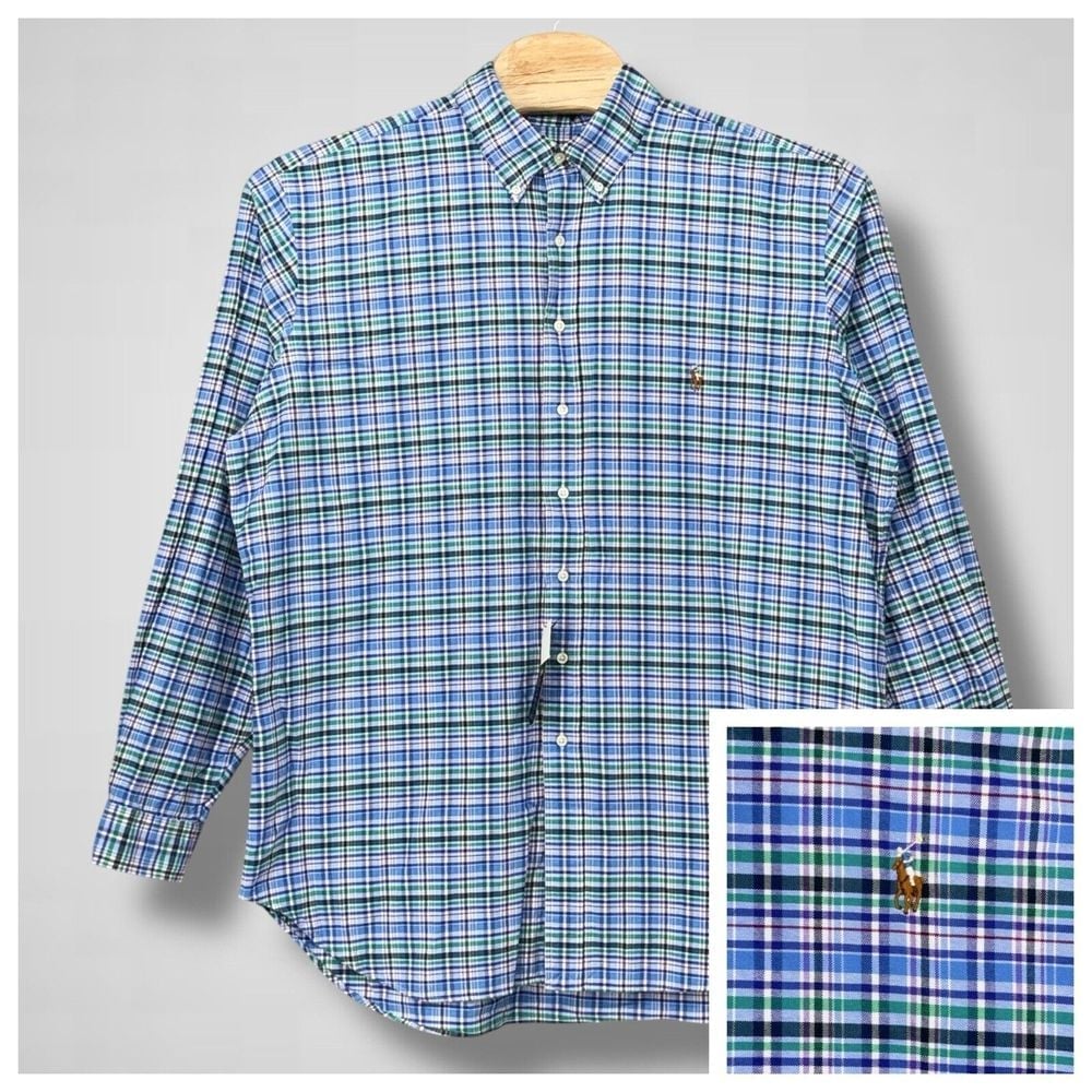 Ralph Lauren Oxford Shirt Mens XLT Blue Plaid Flesh Pony Button Down Dress Shirt