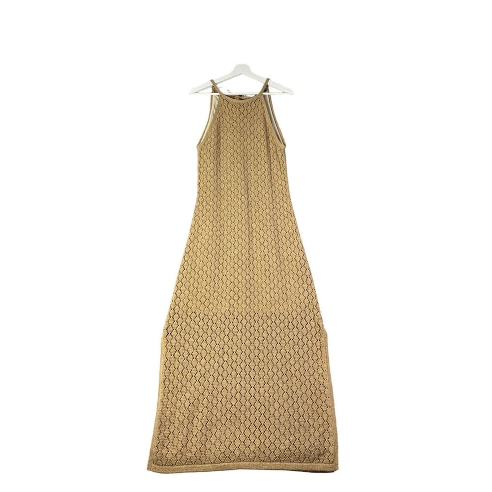 Boston Proper Crochet Knit Maxi Dress Halter Sleeveless Tan Beach Resort Women S