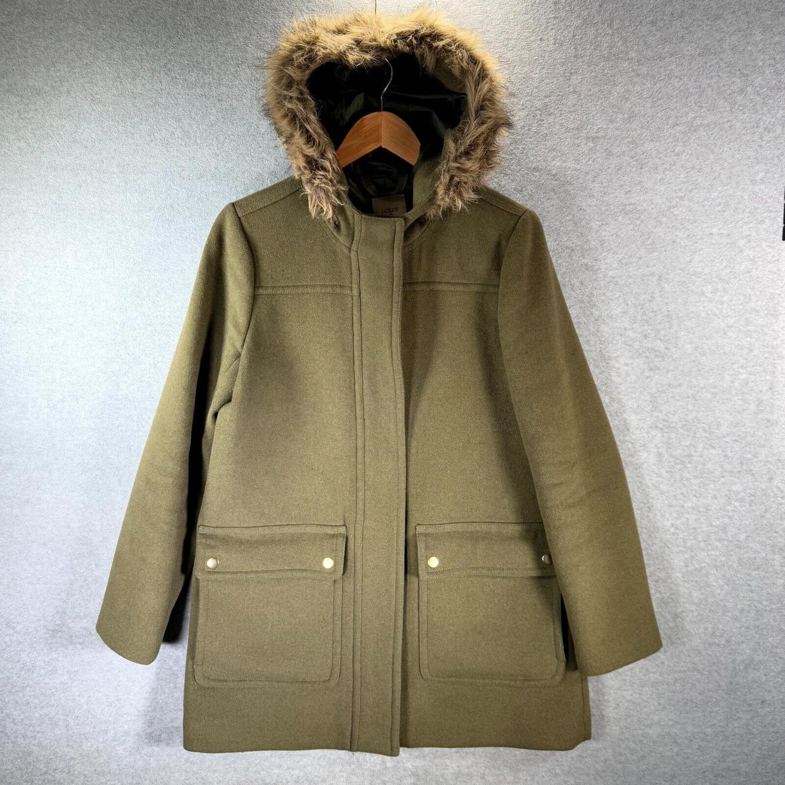J. Crew Vail Parka Jacket Women's 8 Green Lined Full Zip Faux Fur Trim Hooded