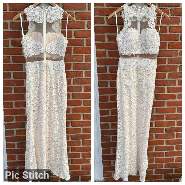 Avery G Blush Lace Beaded Sheer Prom Dress
