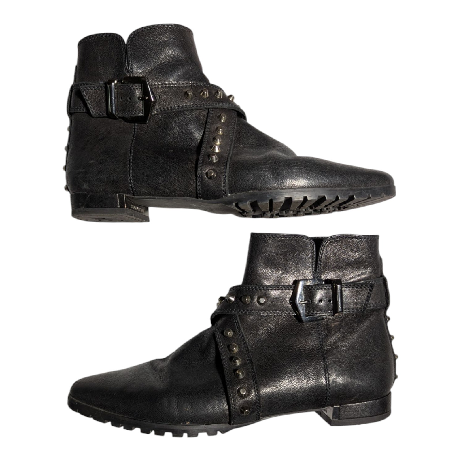 Stuart Weitzman Black Leather Pointed Toe Studded Strap Buckle Ankle Boots Sz 9
