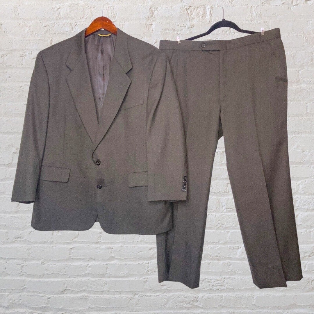 Vtg Hart Schaffner Marx 44R 2 Piece Suit Olive Green Dacron/Wool Great Gatsby