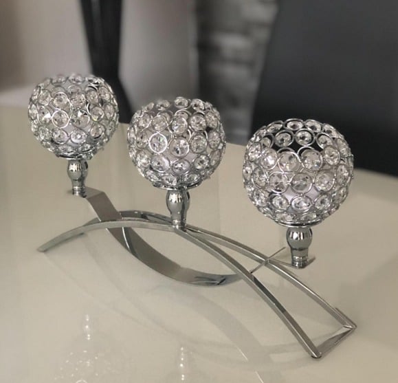 New 3 Arm Crystal Candle Stick Holders for Christmas Table Centerpiece, Silver