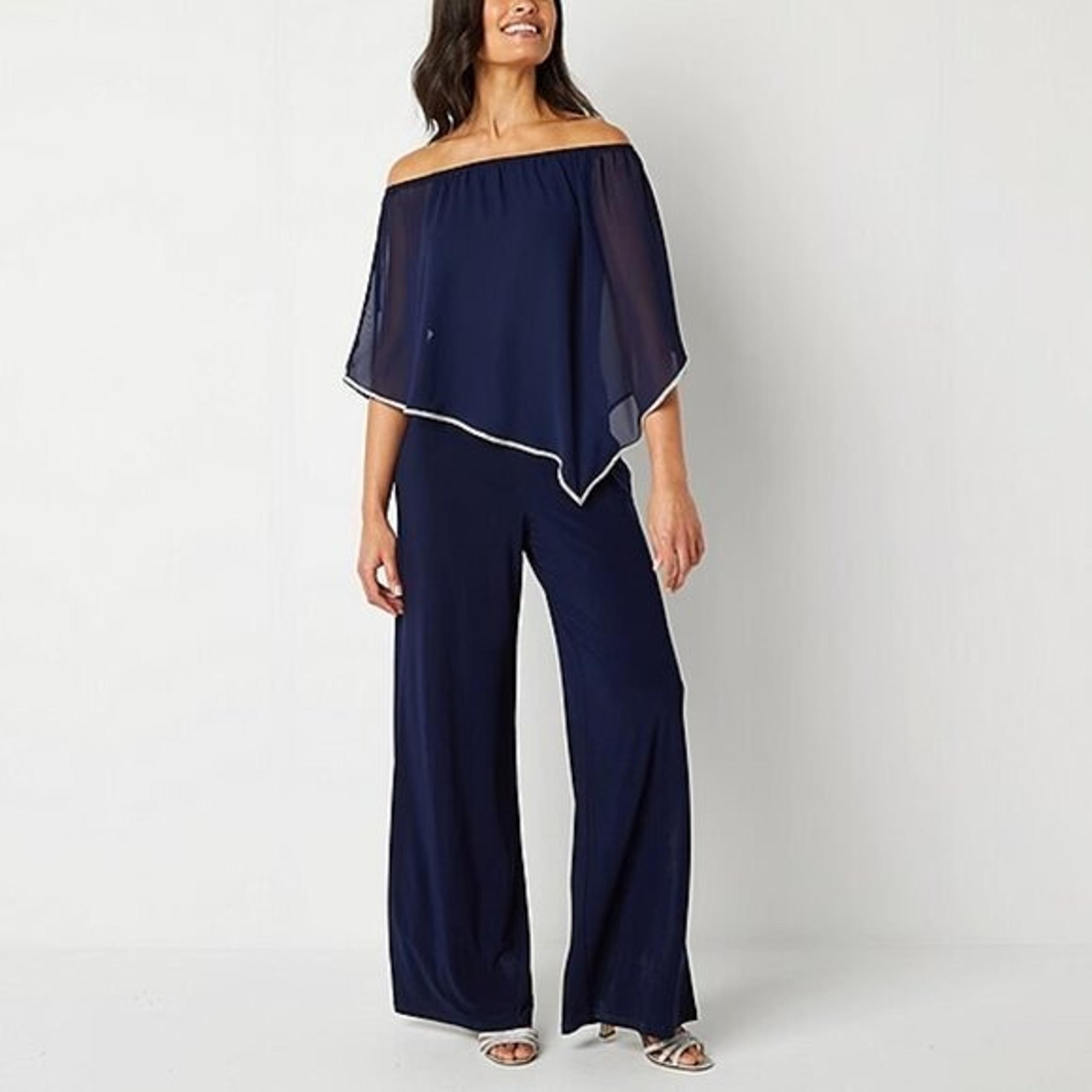 Jumpsuit Romper XL MSK Blue Chiffon Overlay Rhinestone Trim Wide Leg Pants New