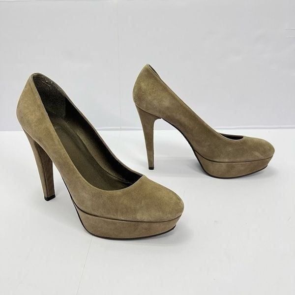 Stuart Weitzman “Stilts” Platform Pumps Suede Leather Mushroom Beige Size 9