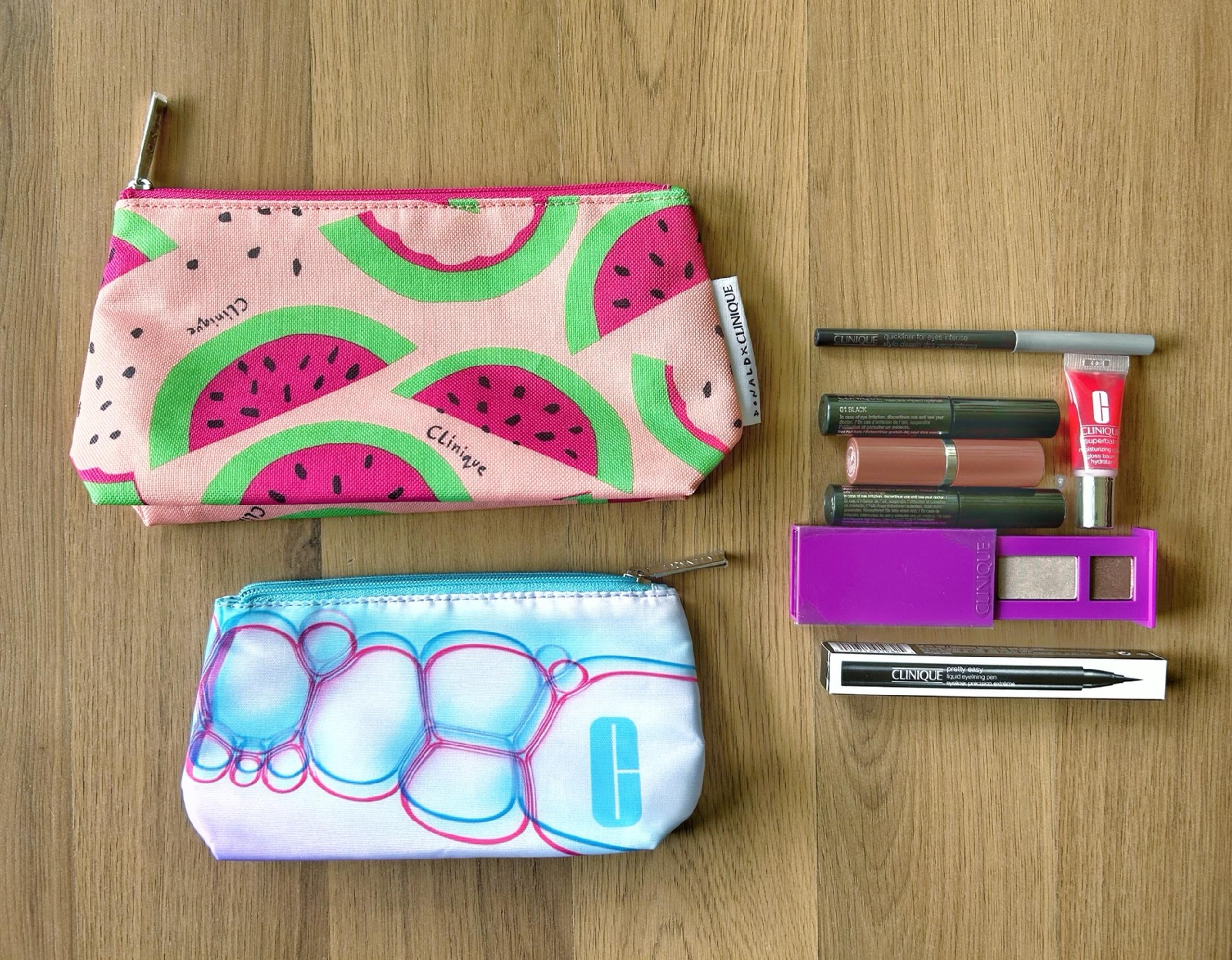 Clinique makeup bag watermelon eyeliner eyeshadow mascara lipstick blush