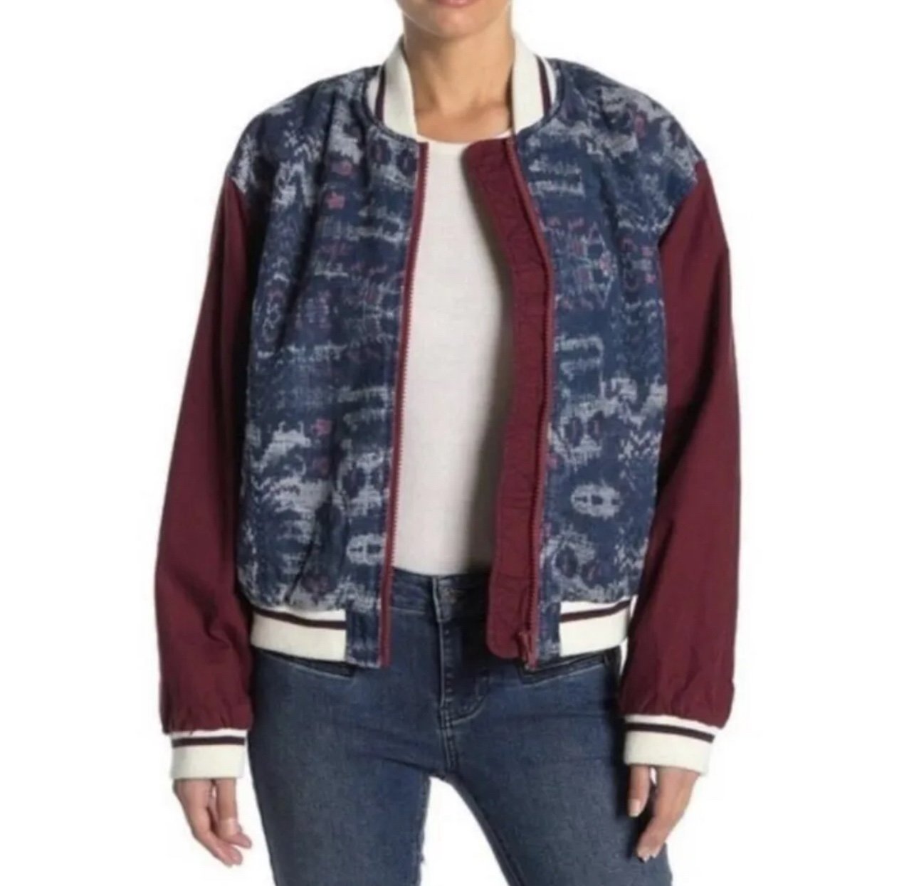 Free People Women's Bomber Jacket Size XS Varsity Chambray Print We The Free