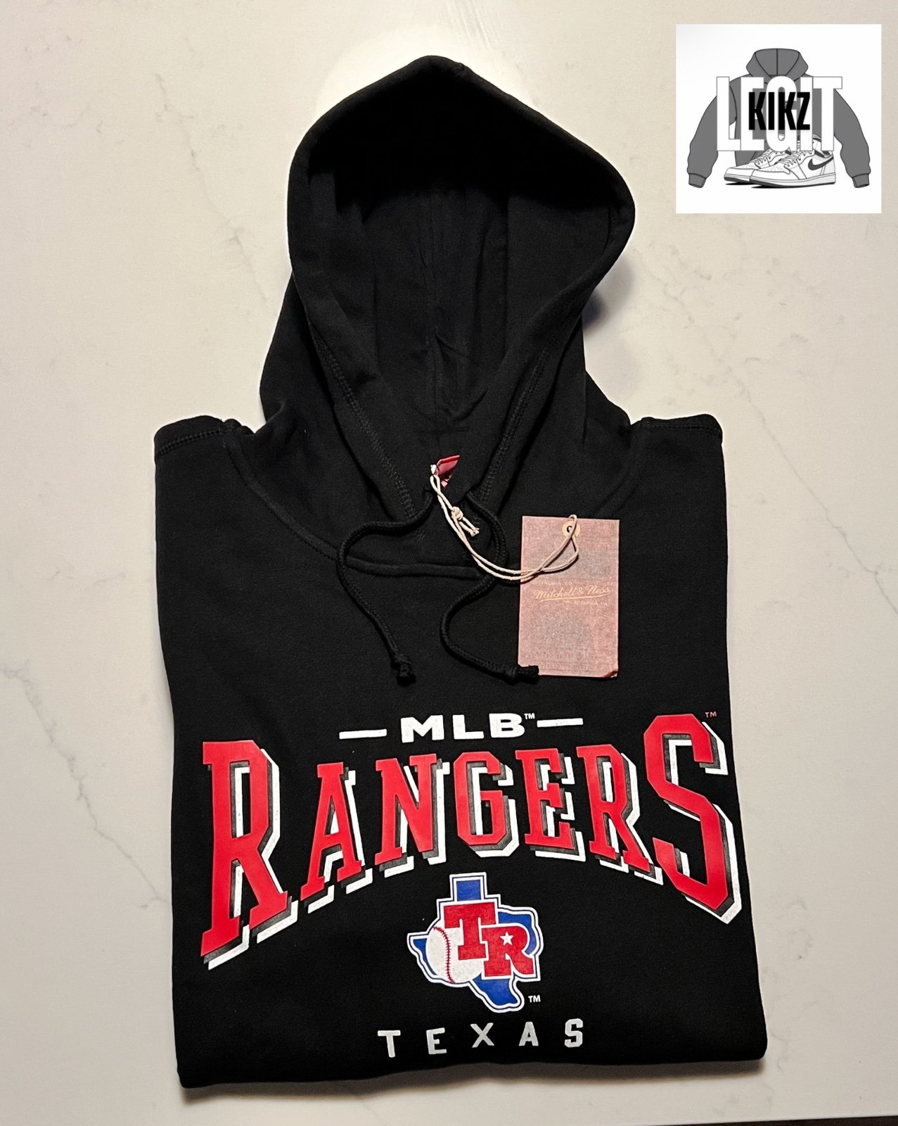 L - Men’s Mitchell and Ness Black Texas Rangers Hoodie - Brand New w Tags
